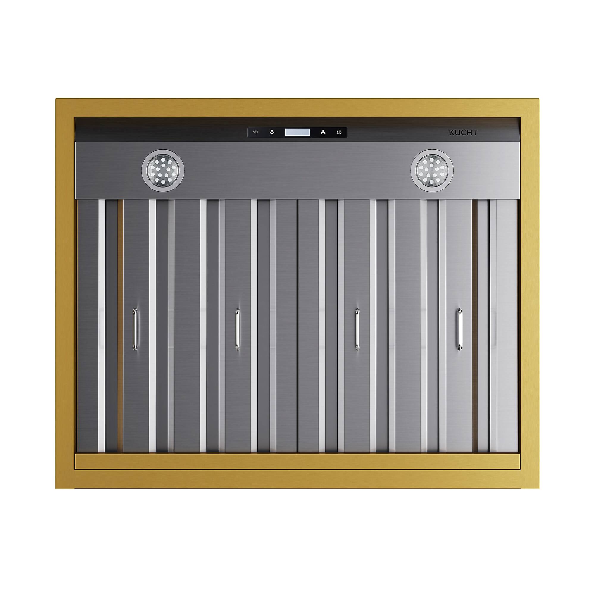 Left. Kucht - 30" Wall Mount Range Hood 900 CFM – Stainless Steel & Gold Accents - Stainless Steel & Gold.