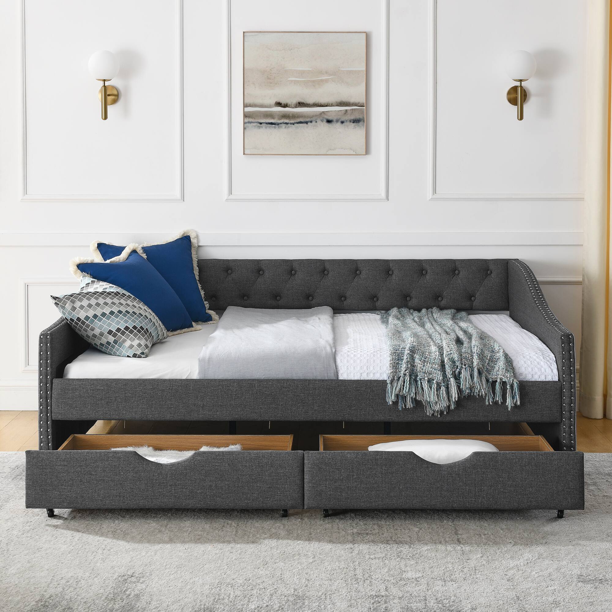 Back. Tiramisubest - Full Size Daybed with Drawers Upholstered Tufted Sofa Bed, (80.5''x55.5''x27.5'') - DARK GREY.