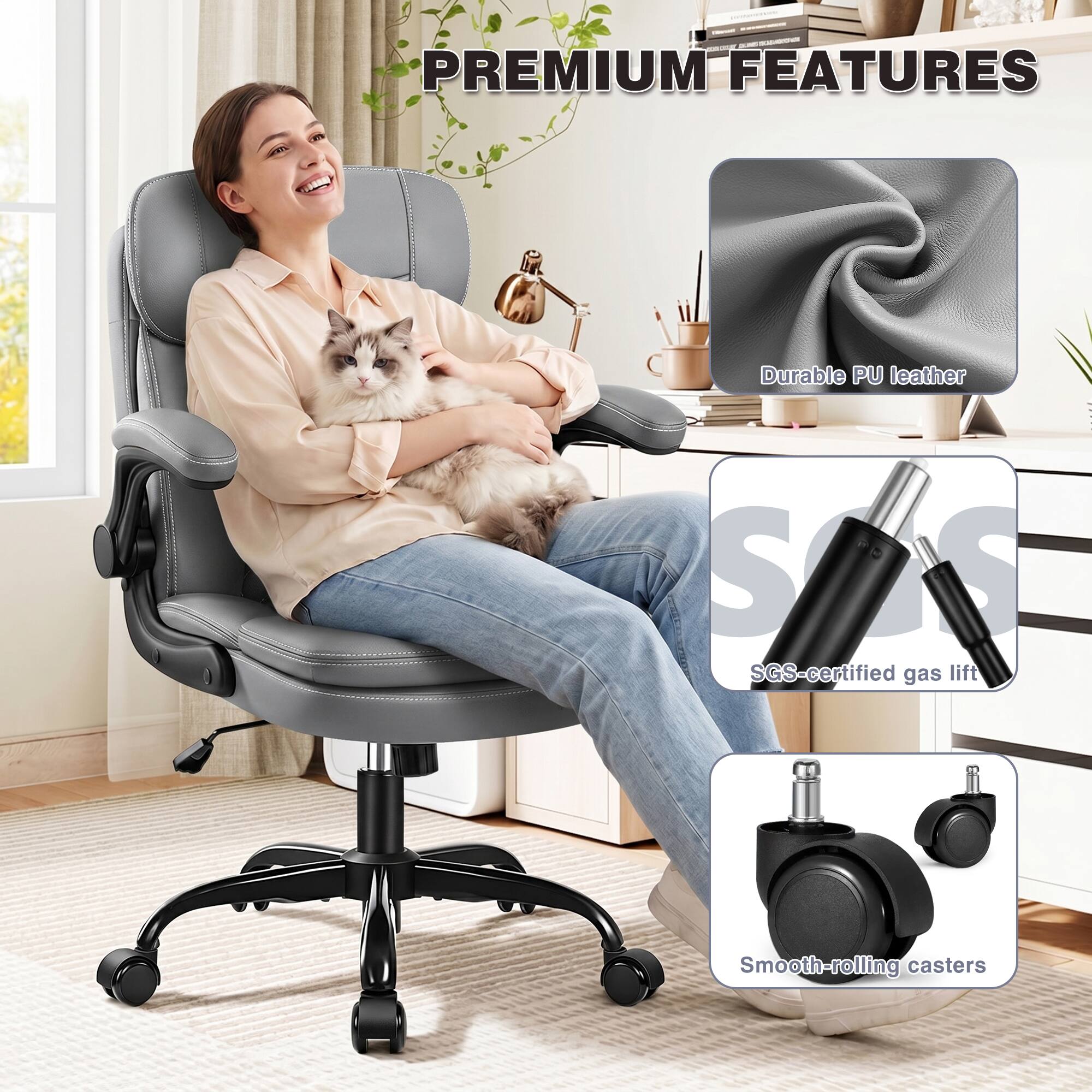 PREMIUM FEATURES

- Durable PU leather
- SGS-certified gas lift
- Smooth-rolling casters