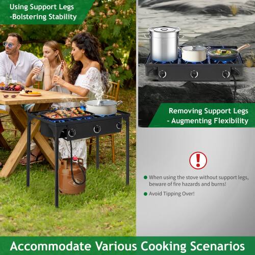 Using Support Legs  
- Bolstering Stability  

Removing Support Legs  
- Augmenting Flexibility  

When using the stove without support legs, beware of fire hazards and burns!  
Avoid Tipping Over!  

Accommodate Various Cooking Scenarios