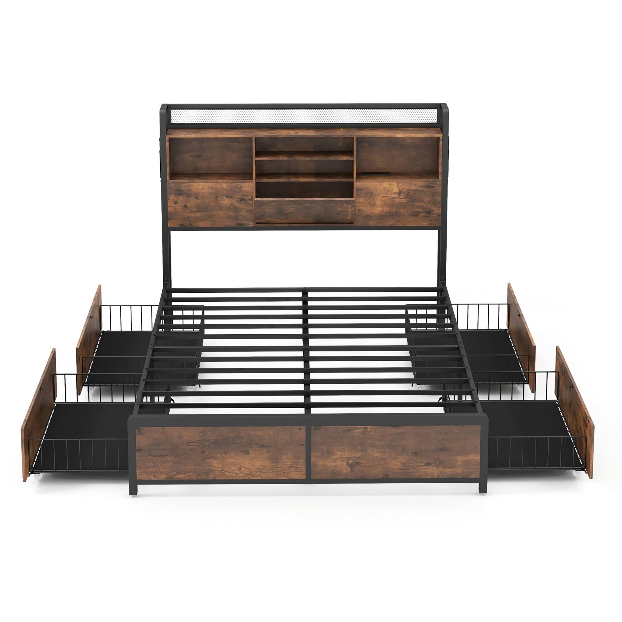 Alt View 9. Gymax - Gymax Full Size Bed Frame w/ Bookcase Headboard & 4 Storage Drawers Vintage Brown - Vintage Brown.