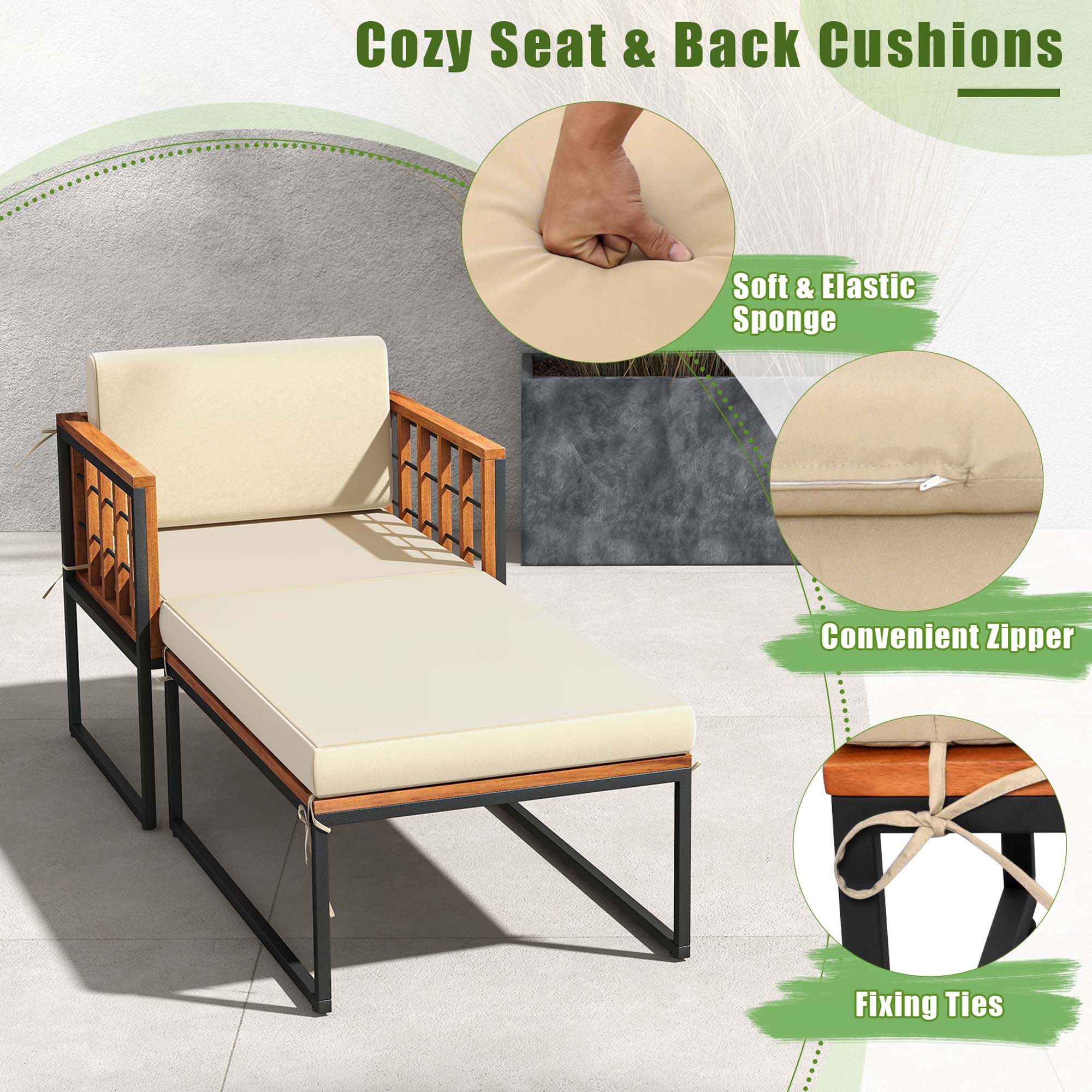 Cozy Seat & Back Cushions: Soft & Elastic Sponge, Convenient Zipper, Fixing Ties.