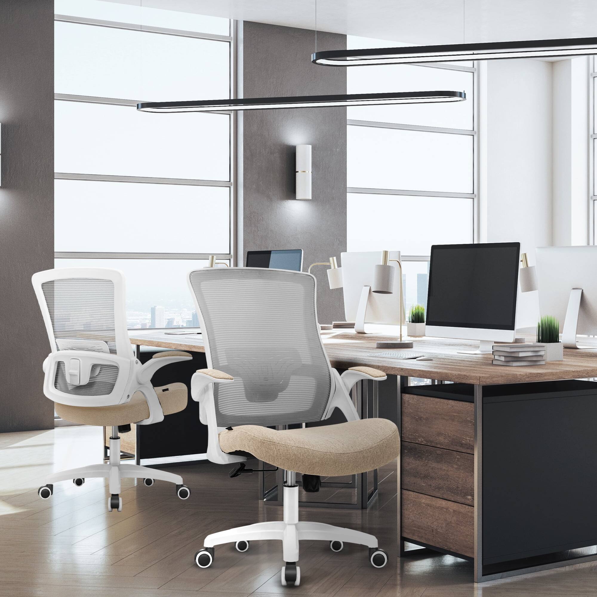 Left. Celtoss - Office Desk Chair Computer High Back Mesh Seat Rolling Wheels Ergonomic Comfy Flip-up Armrests Lumbar Support for Home - Plastic Base-Beige.