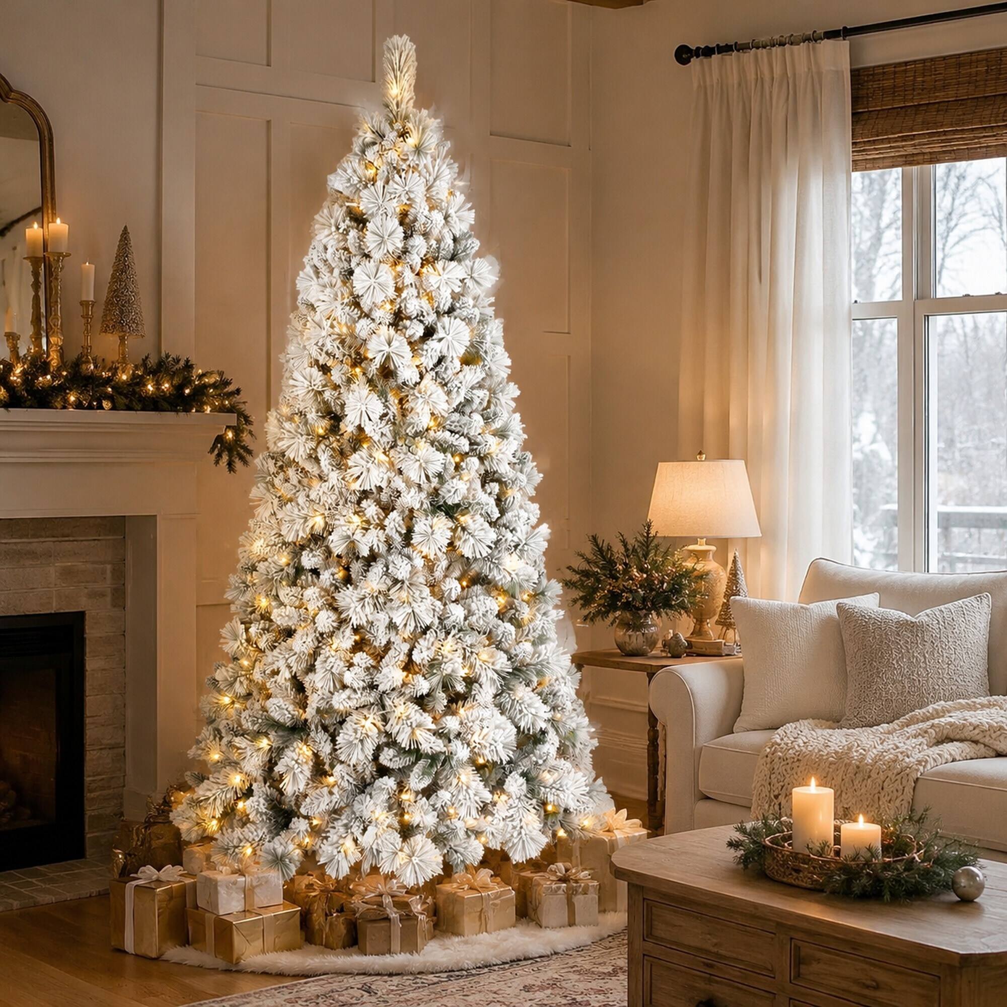 Left. RYHNUYNE - 9FT Flocked Pre-Lit Christmas Tree, 750 Warm White LED Lights 1964 Tips PVC Hard Needle Hinged Design Sturdy Metal Stand - Green,White.