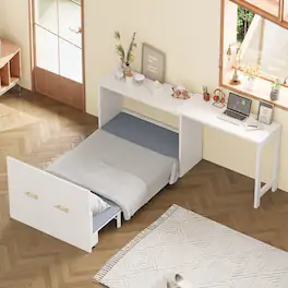 TinyHomie - Twin Size Murphy Cabinet Bed with Adjustable Position Desk Murphy Chest Dresser Bed with Foldable Cushion - White