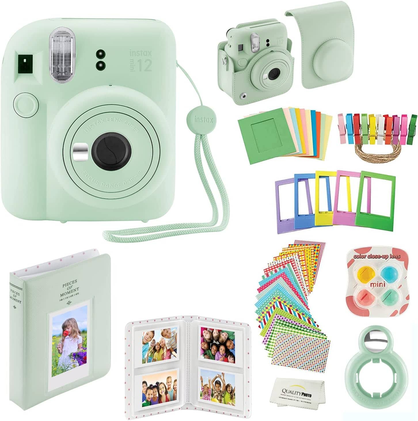 Fujifilm - Instax Mini 12 Instant Camera with Case, Decoration Stickers, Frames, Photo Album and More Accessory kit - Mint Green
