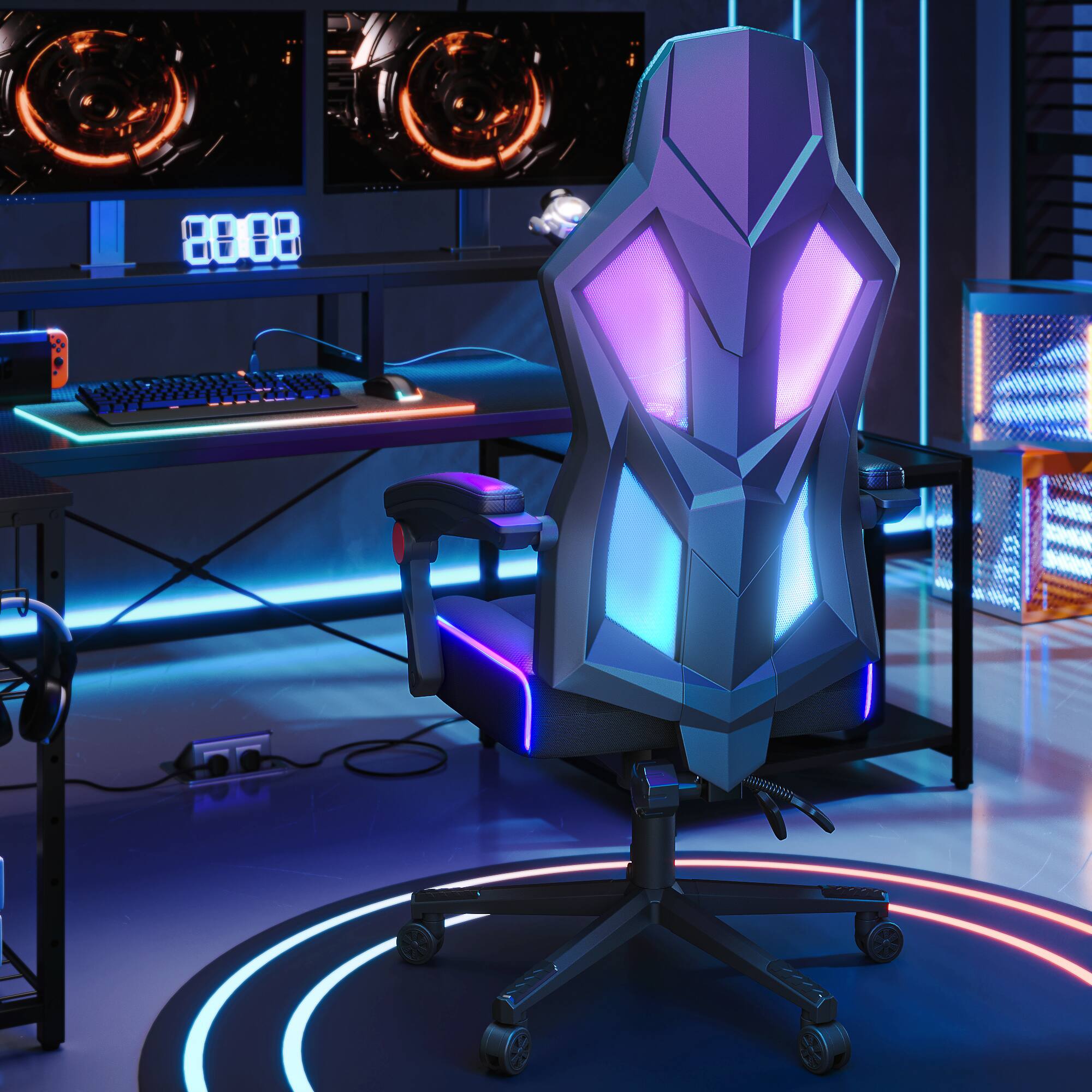 Alt View 6. Bestier - RGB Gaming Chair with LED Lights Ergonomic Cushion & Breathable Mesh Back Computer Chair - Red.
