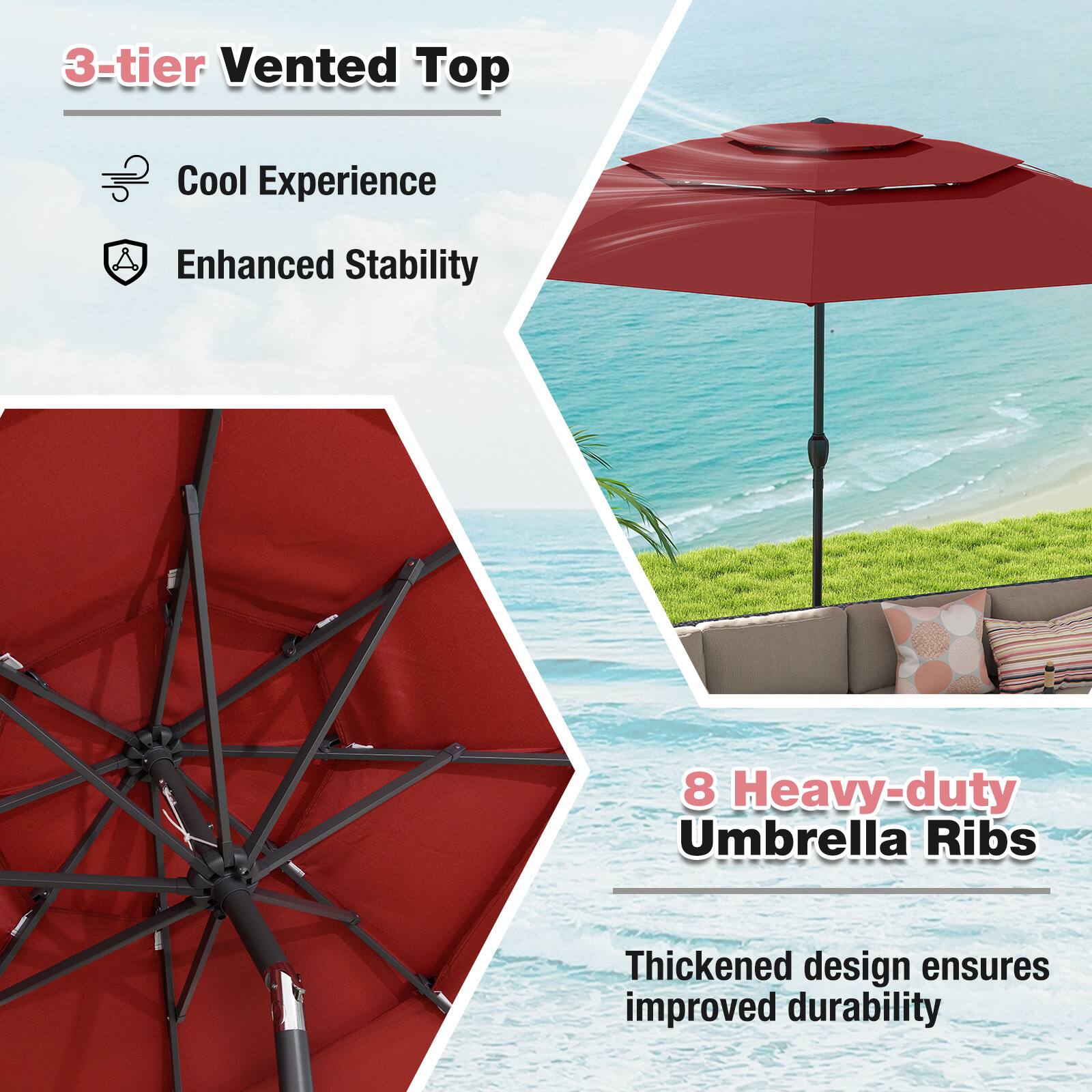 3-tier Vented Top  
Cool Experience  
Enhanced Stability  

8 Heavy-duty Umbrella Ribs  
Thickened design ensures improved durability