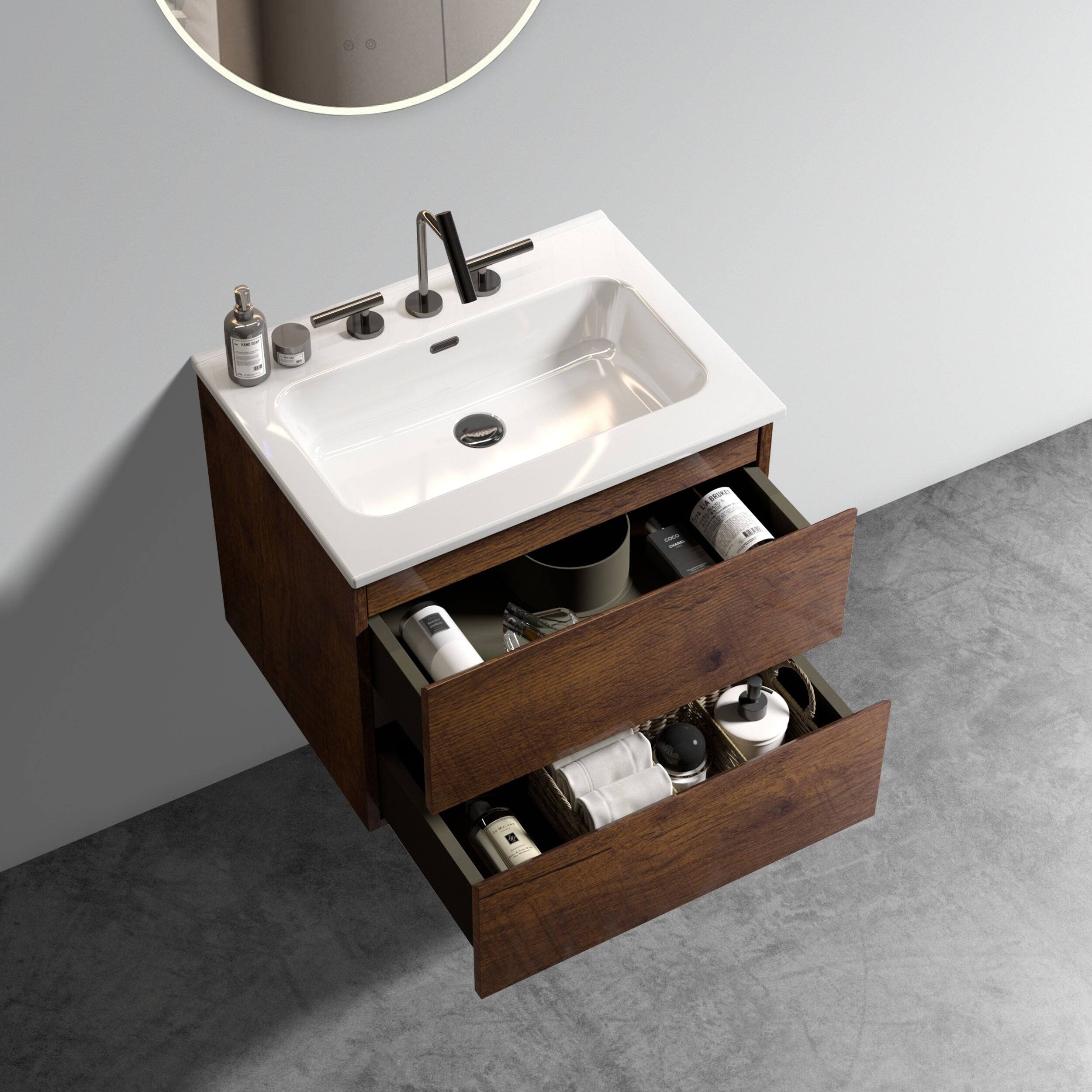 Alt View 2. Boyel Living - 24 Inch Walnut Bathroom Vanity with Ceramic Sink, Large Storage, Floating Design, One-Piece Basin, Pre-Assembled - Walnut.