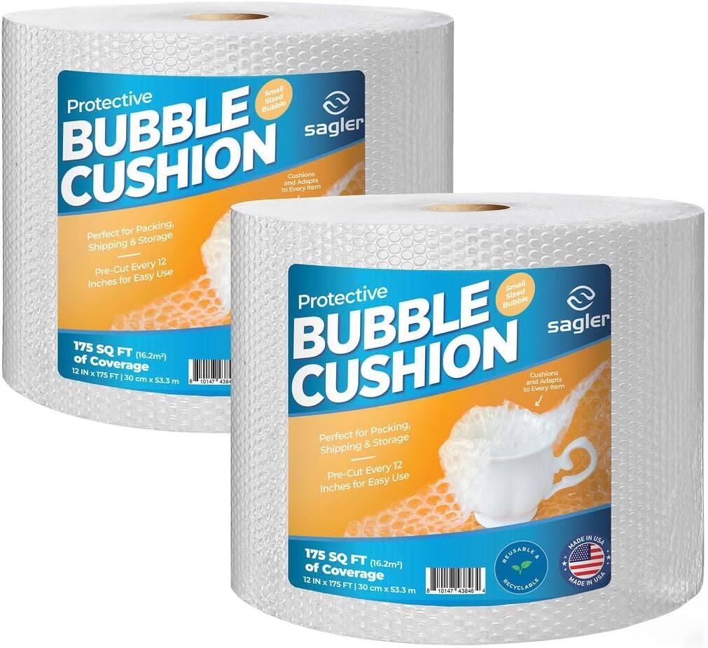Protective BUBBLE CUSHION  
Small Sized Bubble  
Cushions and Adapts to Every Item  
Perfect for Packing, Shipping & Storage  
Pre-Cut Every 12 Inches for Easy Use  
175 SQ FT (16.2m²) Coverage  
12 IN x 175 FT (30 cm x 53.3 m)  
Reusable & Recyclable  
Made in USA  

Protective BUBBLE CUSHION  
Small Sized Bubble  
Cushions and Adapts to Every Item  
Perfect for Packing, Shipping & Storage  
Pre-Cut Every 12 Inches for Easy Use  
175 SQ FT (16.2m²) Coverage  
12 IN x 175 FT (30 cm x 53.3 m)  
Reusable & Recyclable  
Made in USA