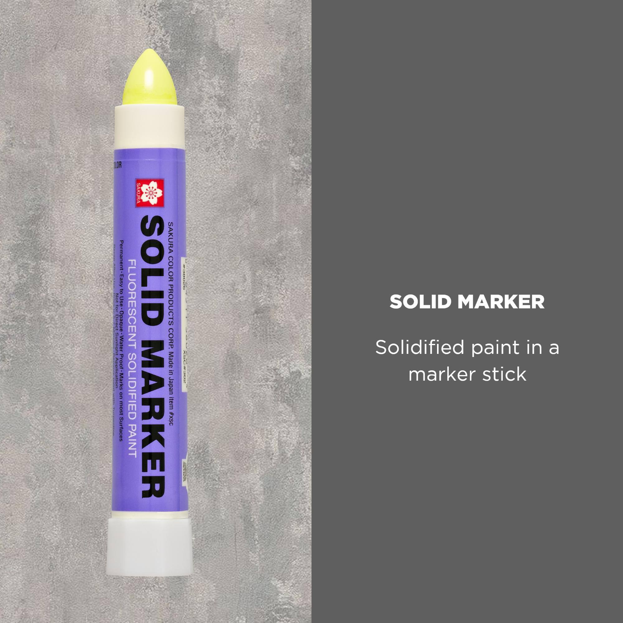 Permanent, Easy to Use, Direct Opaque, Sunlight, Water Application Proof, Marks most Surfaces

SAKURA FLUORESCENT SOLID PAINT SOLIDIFIED MARKER

SAKURA COLOR CORP. PRODUCTS Made in Japan item #XSC

SOLID MARKER

Solidified paint in a marker stick