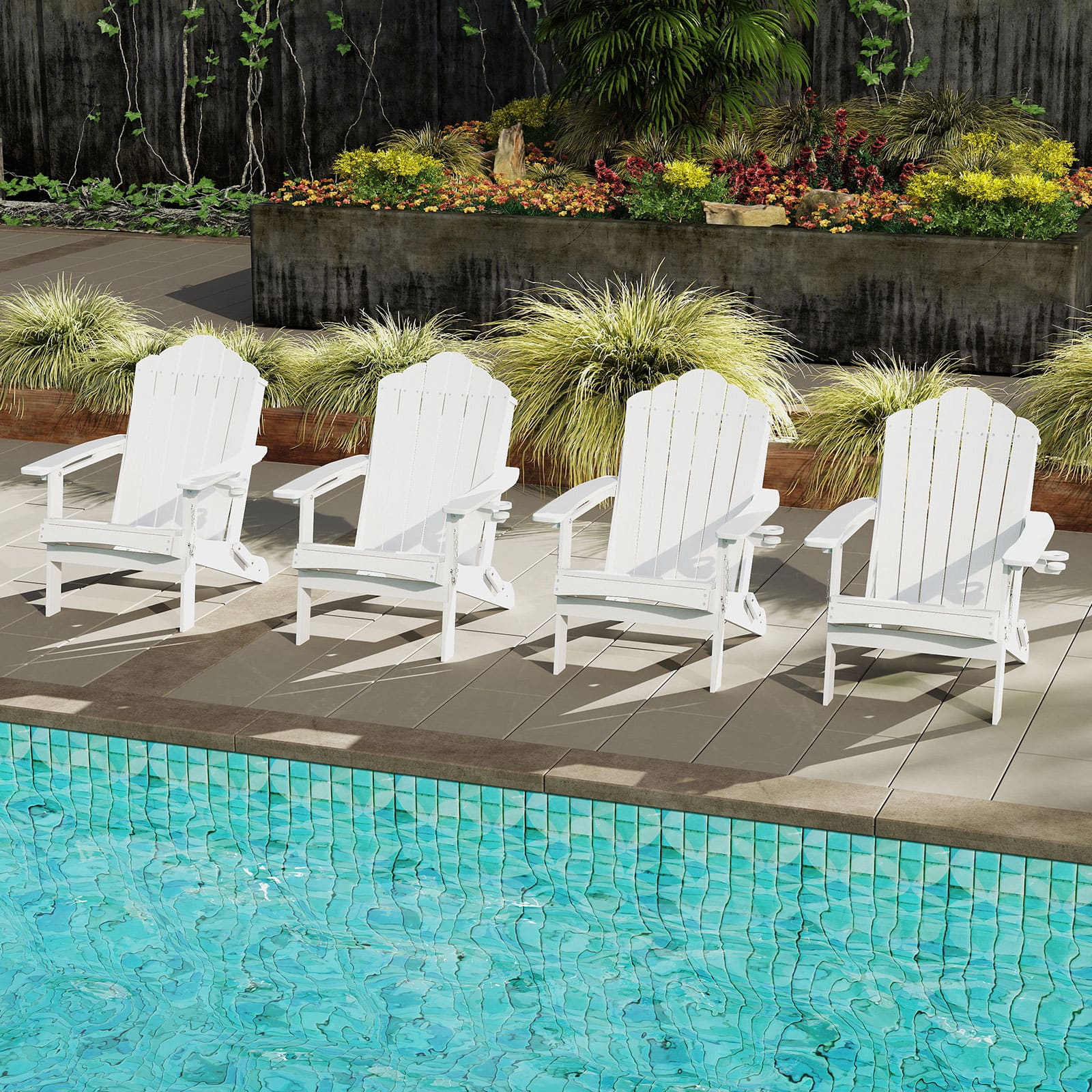 Gymax - 4PCS Patio Folding Adirondack Chair Weather Resistant Cup Holder Yard - White
