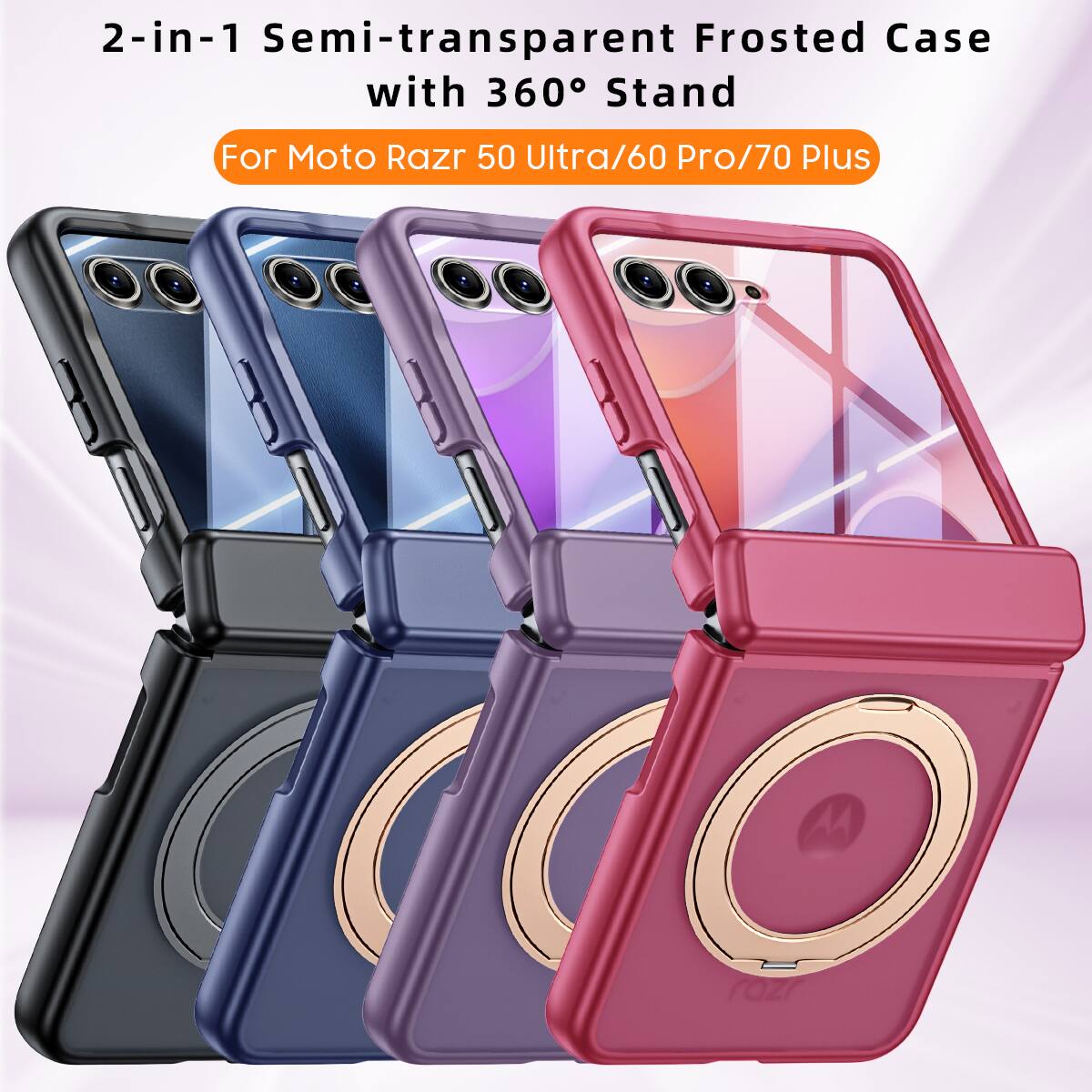 2-in-1 Semi-transparent Frosted Case with 360° Stand  
For Moto Razr 50 Ultra/60 Pro/70 Plus