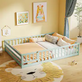 Costway - Full Size Floor Bed with Full Length Safety Guardrails & Door for Boys, Girls - Mint Sky