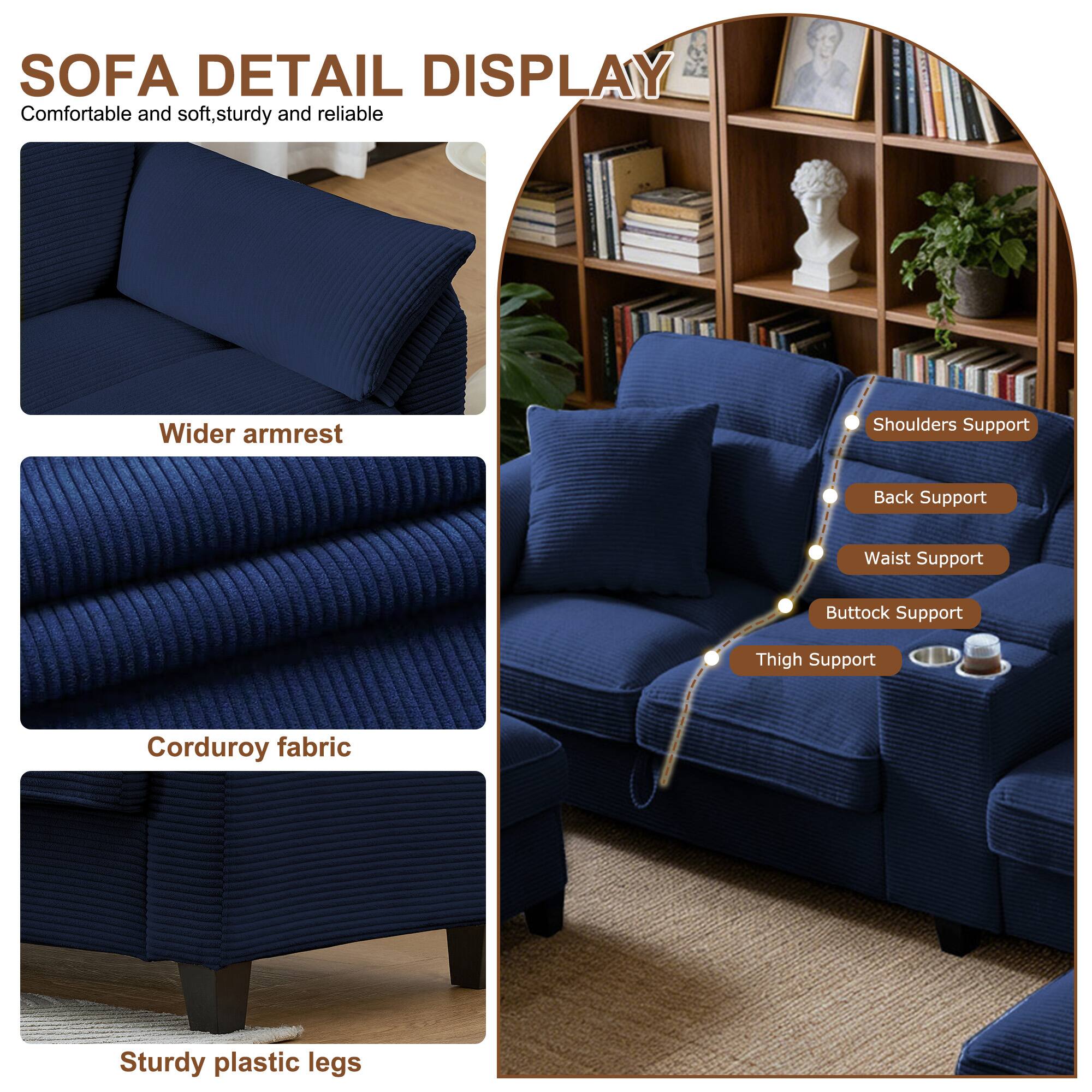 SOFA DETAIL DISPLAY  
Comfortable and soft, sturdy and reliable  
Wider armrest  
Shoulders Support  
Back Support  
Waist Support  
Buttock Support  
Thigh Support  
Corduroy fabric  
Sturdy plastic legs