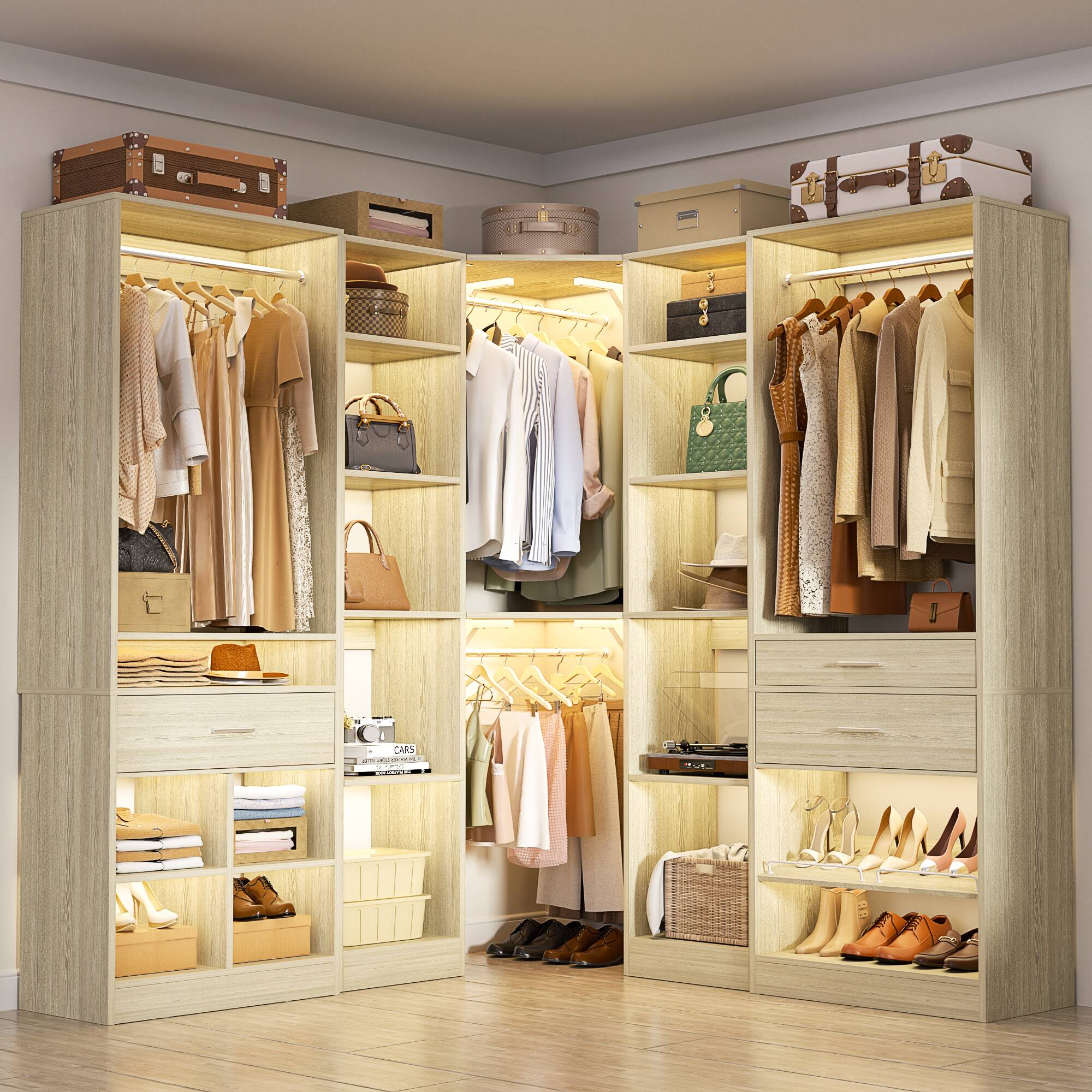 Front. Aheaplus - 89"×39" Freestanding Corner Closet System - 500+ Clothes Capacity, 2000 lbs Load-Bearing, DIY Customizable - White Oak.