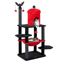 Gymax - Gothic Cat Tree for Indoor Cats 51'' Spooky Cat Tower w/Castle House Hammock Black - Red