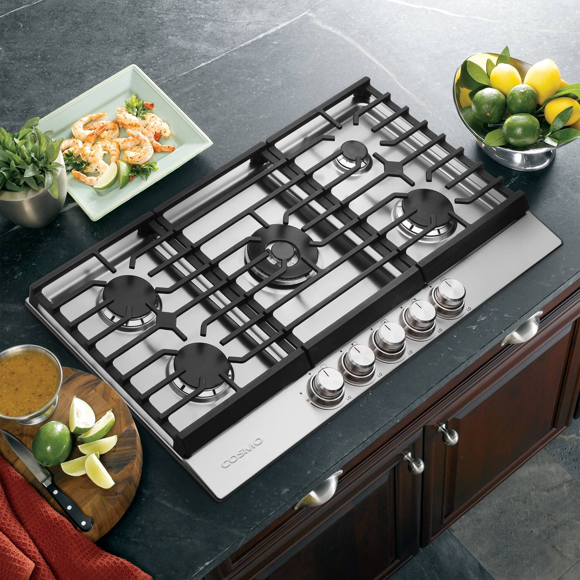 Angle. COSMO - COS-CTGH365SS 36 in. Haven Collection Drop-in Gas Cooktop with 5 Sealed Burners, Cast Iron Grates - Stainless Steel.