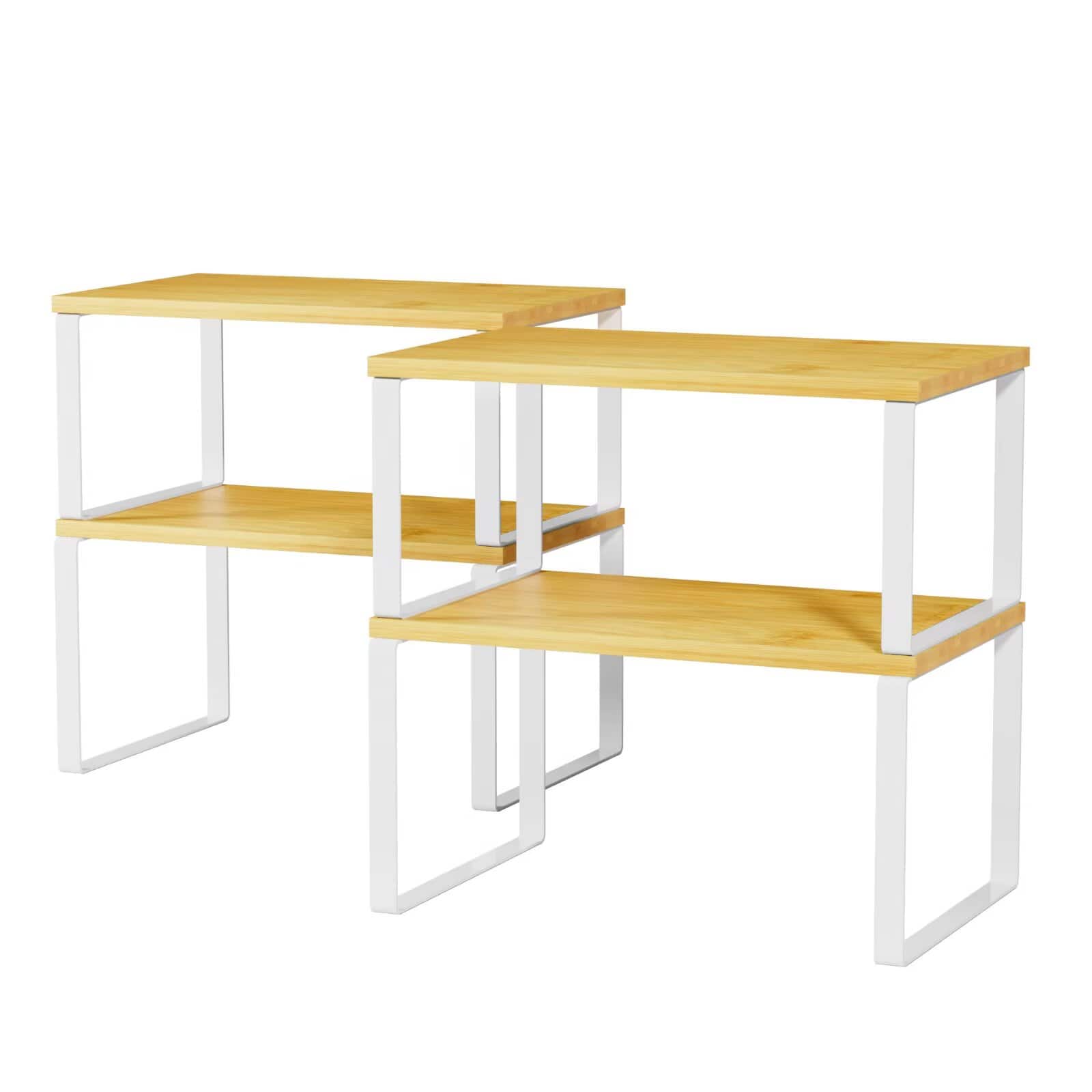 Tooloton - 2 Pack Stackable Cabinet Shelf Organizers, Expandable Counter Rack & Spice Rack in White and Natural (Short Version) - White
