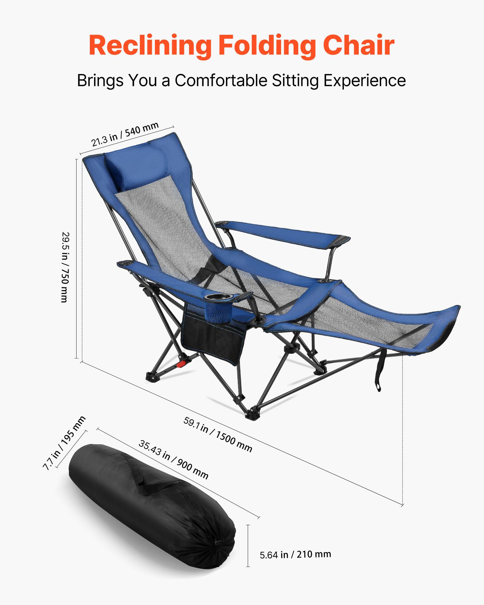 Reclining Folding Chair  
Brings You a Comfortable Sitting Experience  

- 21.3 in / 540 mm  
- 29.5 in / 750 mm  
- 7.7 in / 195 mm  
- 59.1 in / 1500 mm  
- 35.43 in / 900 mm  
- 5.64 in / 210 mm