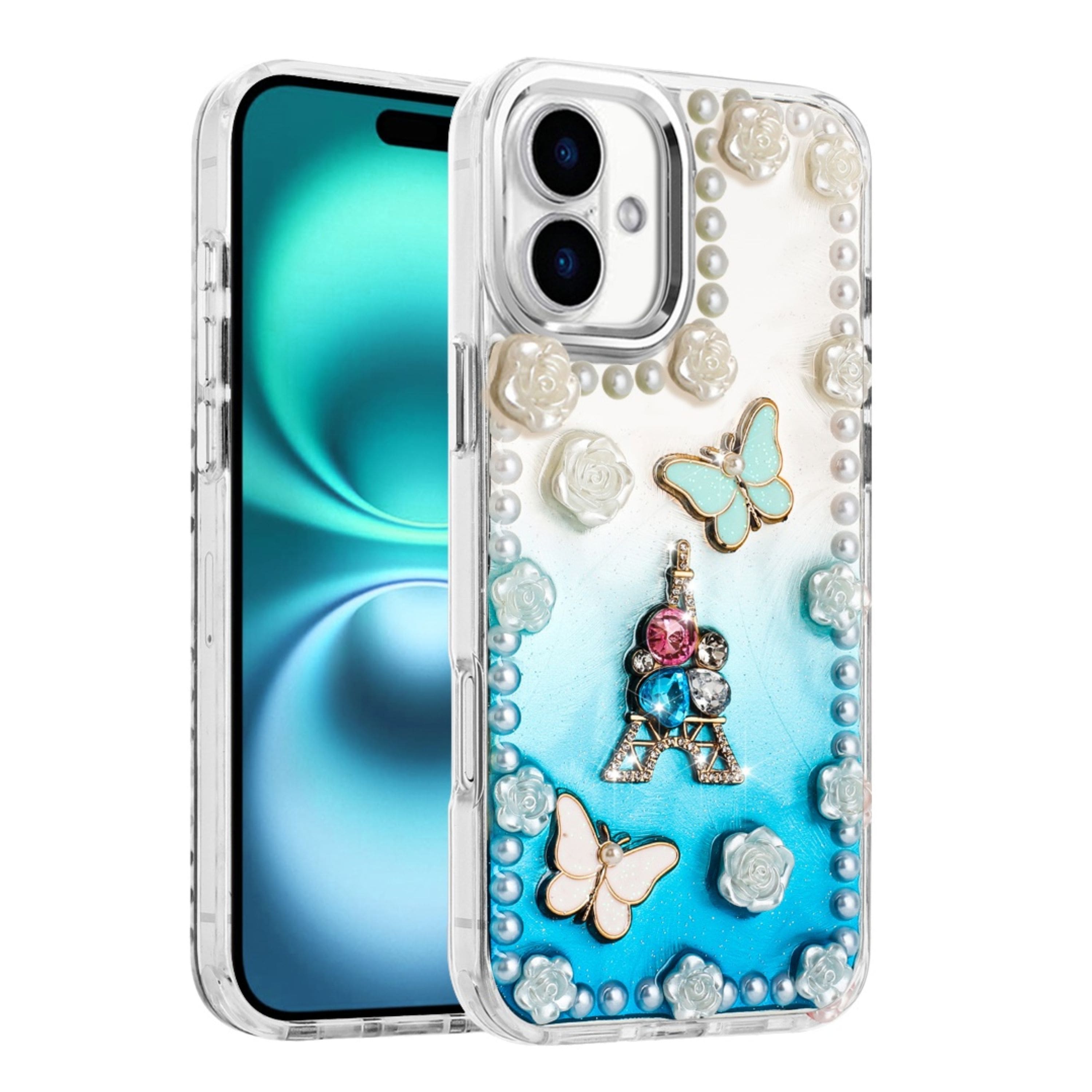 Kitcheniva - Floral & Faux Pearl Trim 3D Charms Phone Case With Tempered Glass For iPhone 17 Eiffel - Multicolor price history on PriceWatchPro