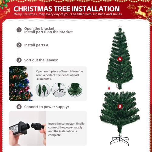 **CHRISTMAS TREE INSTALLATION**

Merry Christmas, may every day of yours be filled with sunshine and smiles.

1. Open the bracket  
   Install part B on the bracket

2. Install parts A

3. Sort out the leaves:  
   Open each piece of branch from the root, a perfect tree needs at least 30 minutes.

4. Connect to power supply:  
   Insert the connector, finally connect the power supply, and the installation is complete.