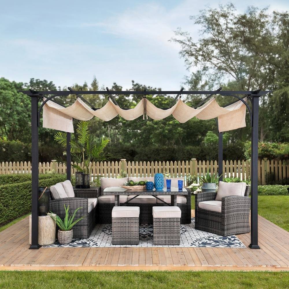 Alt View 4. SUNJOY - Sunjoy Jalen 12 x 9ft Patio Steel Frame Pergola with Retractable Canopy Shade.