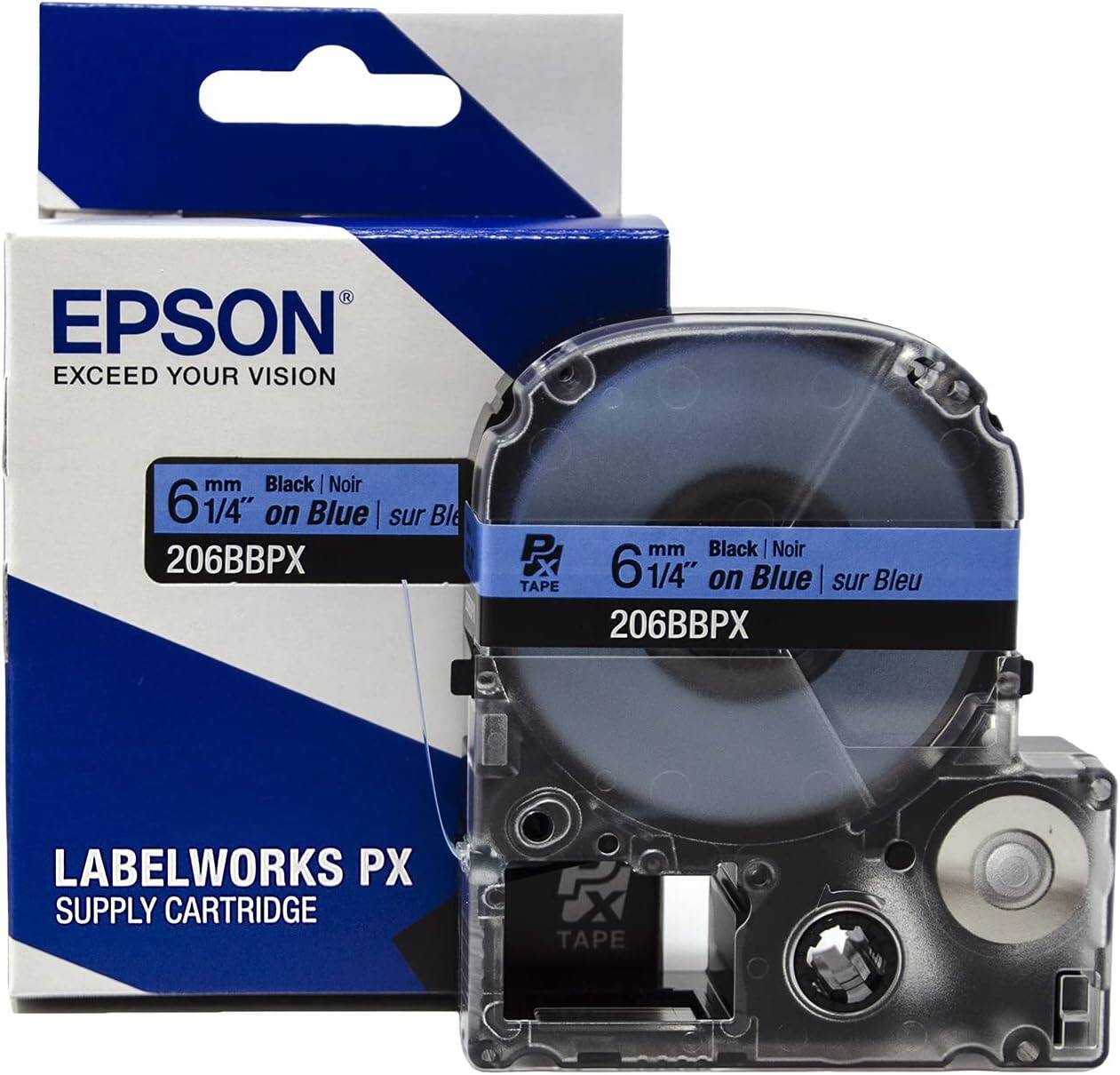 EPSON  
EXCEED YOUR VISION  

6 mm Black | Noir  
6 1/4" on Blue | sur Bleu  
206BBPX  

LABELWORKS PX  
SUPPLY CARTRIDGE  

TAPE