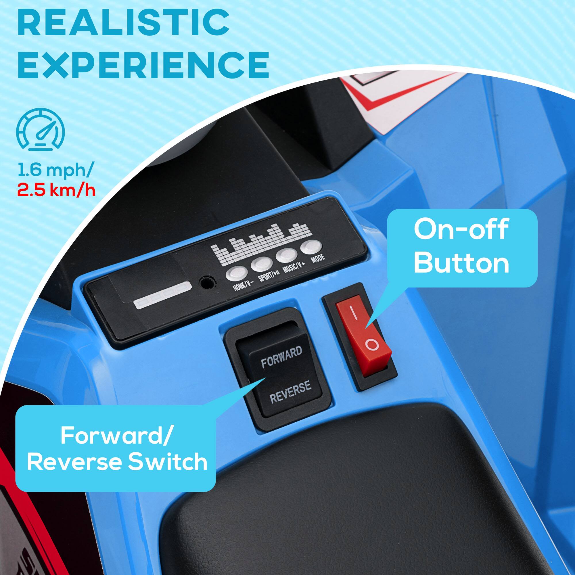 REALISTIC EXPERIENCE

1.6 mph / 2.5 km/h

On-off Button

Forward/Reverse Switch