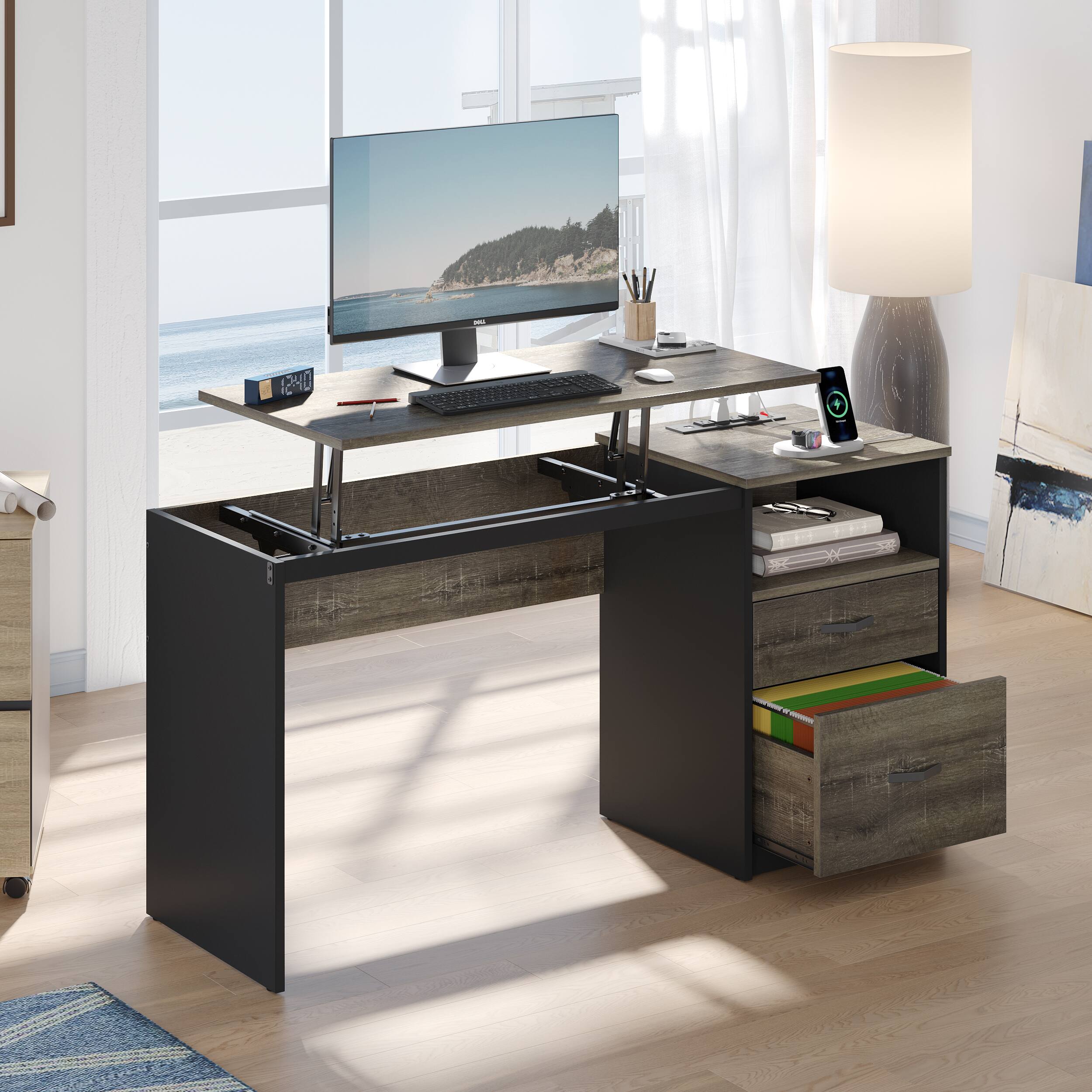 Angle. Bestier - Lift Top Computer Desk with Outlet - Dark Grey.