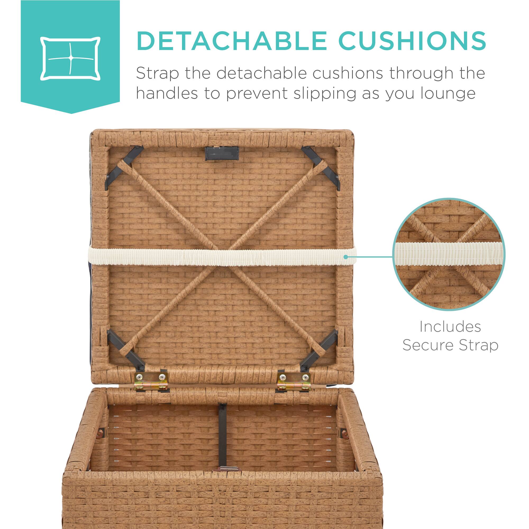 DETACHABLE CUSHIONS

Strap the detachable cushions through the handles to prevent slipping as you lounge

Includes Secure Strap