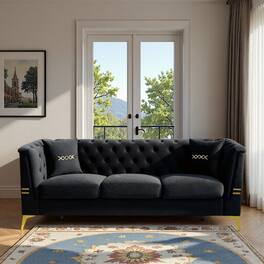 Anysun - 82.7" Velvet 3-Seat Chesterfield Sofa with Gold Legs - Modern Tufted Design, Includes 2 Pillows. - Black