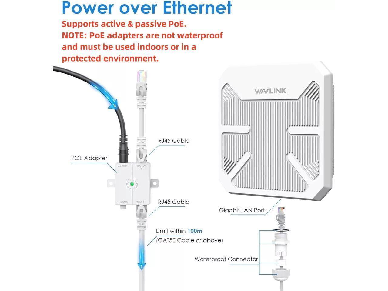 Power over Ethernet  
Supports active & passive PoE.  
NOTE: PoE adapters are not waterproof and must be used indoors or in a protected environment.  

WAVLINK  
RJ45 Cable  
POE Adapter  
DATA LAN  
ON/OFF  
PDE  
RJ45 Cable  
Gigabit LAN Port  
Limit within 100m (CAT5E Cable or above)  
Waterproof Connector