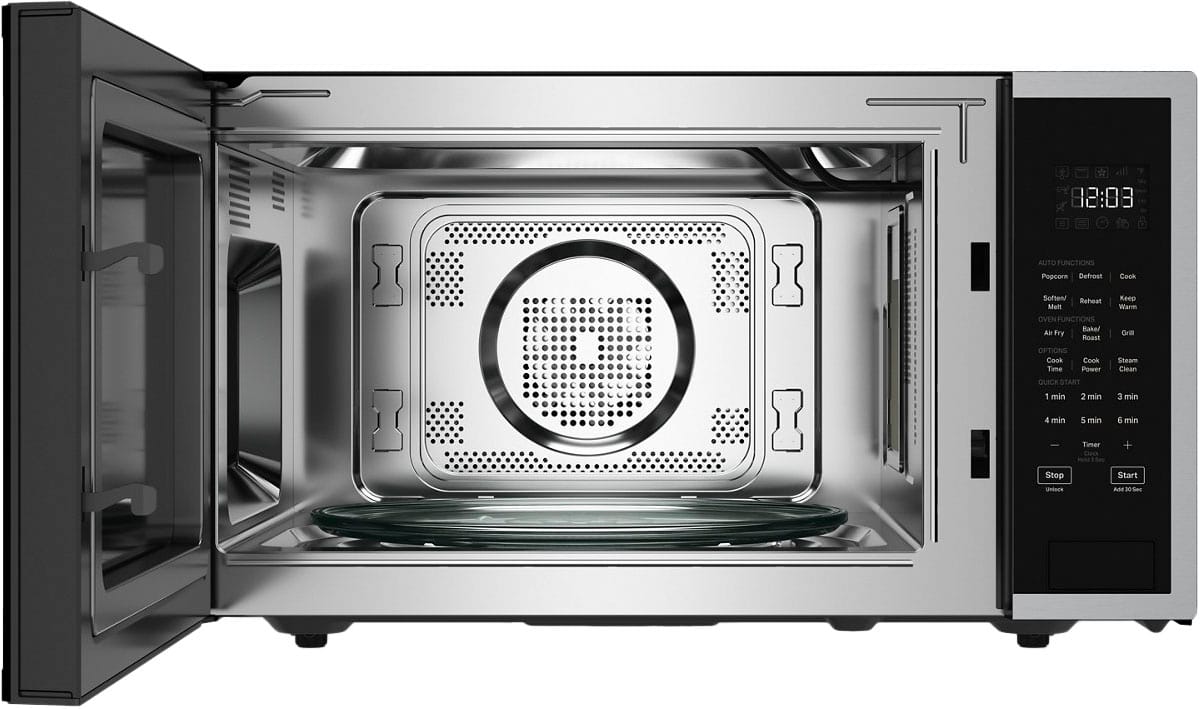The image shows a microwave with a digital clock displaying the time as 88:08. The microwave has various functions, including auto functions such as defrost, cook, soften, reheat, and melt. Additionally, it has oven functions like baked, fry, toast, keep warm, and grill. The microwave also offers options for cooking times and power levels, as well as a steam clean function. The image also shows a timer with a stop and start button.