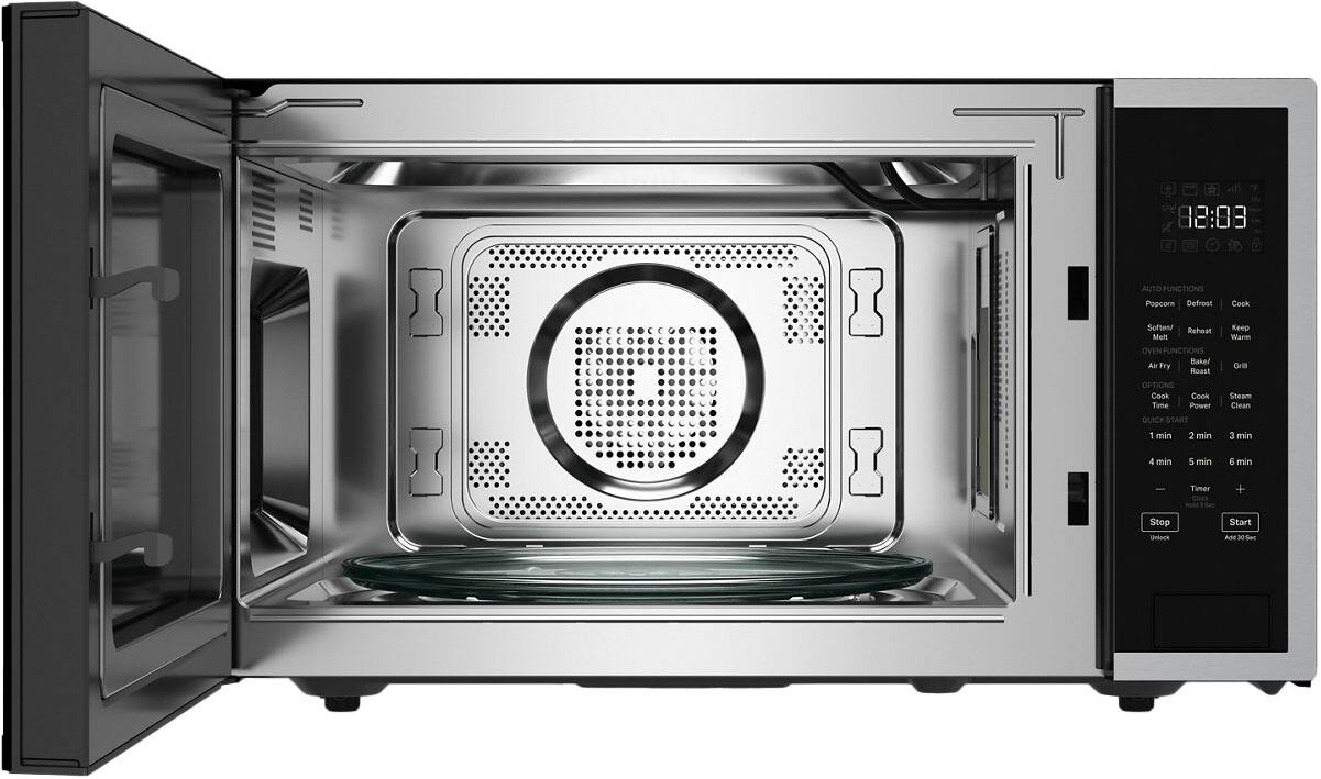The image shows a microwave with a digital clock displaying the time as 88:08. The microwave has various functions, including auto functions such as defrost, cook, soften, reheat, and melt. Additionally, it has oven functions like baked, fry, toast, keep warm, and grill. The microwave also offers options for cooking times and power levels, as well as a steam clean function. The image also shows a timer with a stop and start button.