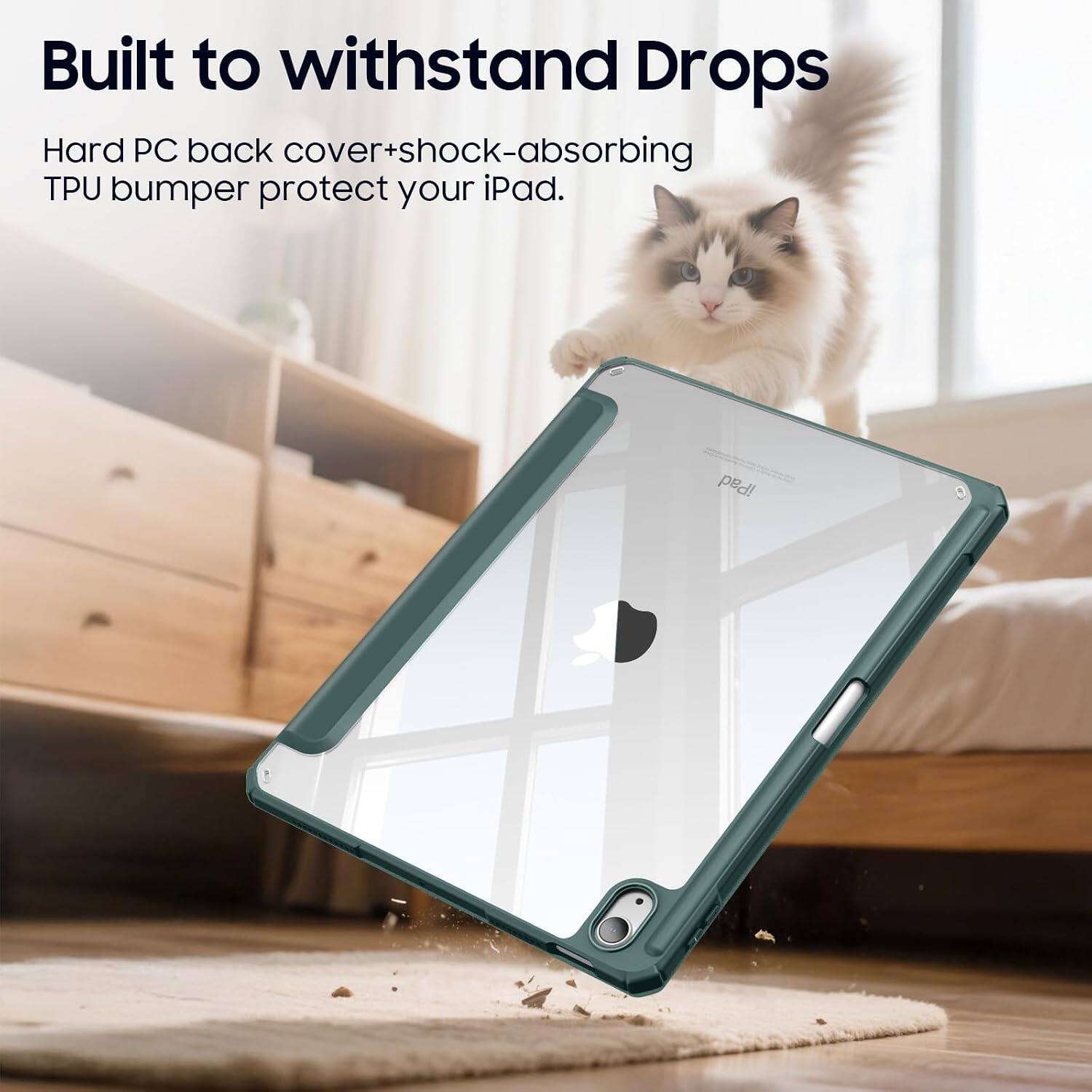 Built to withstand Drops

Hard PC back cover+shock-absorbing TPU bumper protect your iPad.