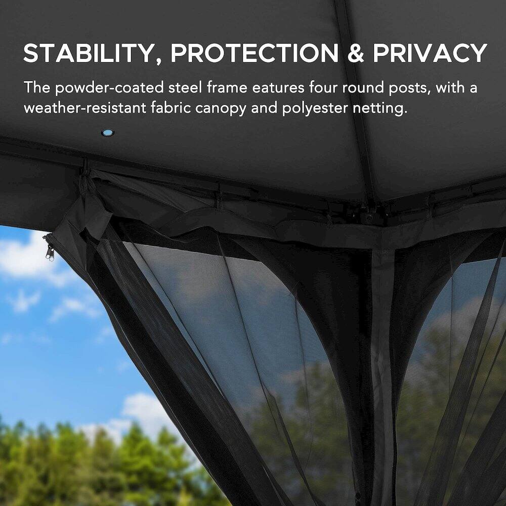 STABILITY, PROTECTION & PRIVACY

The powder-coated steel frame features four round posts, with a weather-resistant fabric canopy and polyester netting.