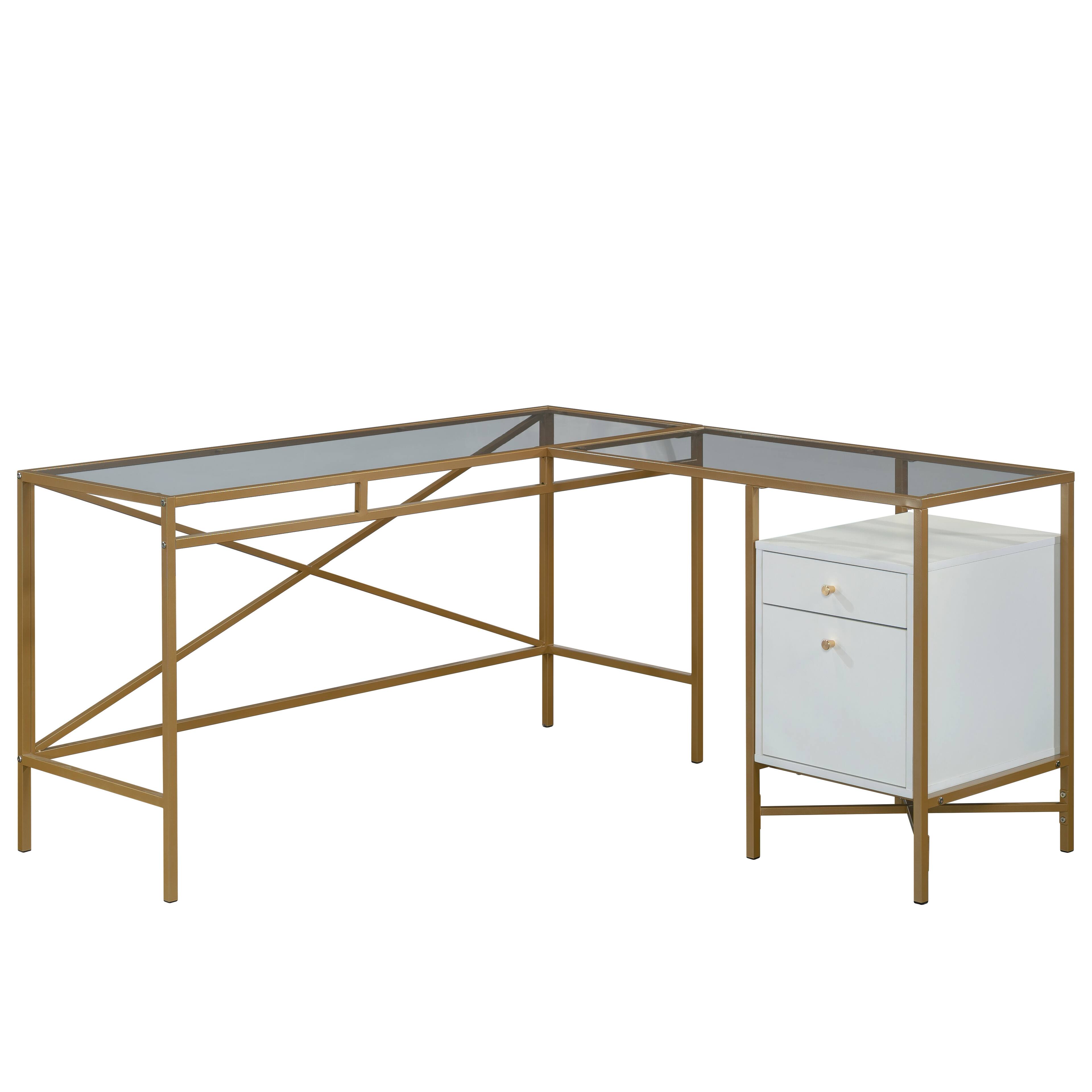 Angle. Spaco - Spaco L-Shaped Glass Top Desk, Computer Desk with Drawers and Open Shelf, Metal Frame, for Home Office Gaming - White.