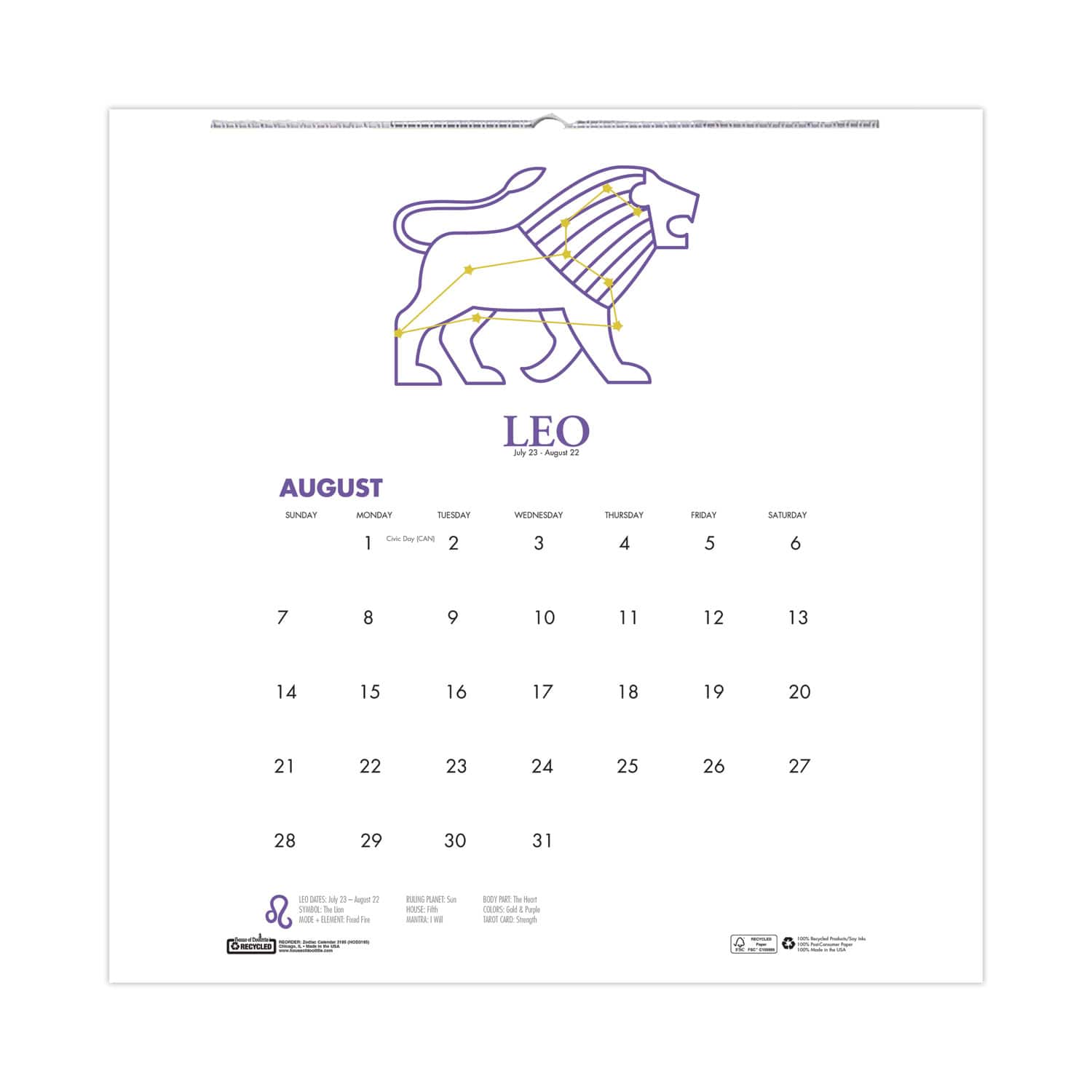House of Doolittle - Recycled Academic Zodiac Wall Calendar, 11 x 14, Multicolor Sheets, 12-Month (Aug to July): 2025 to 2026