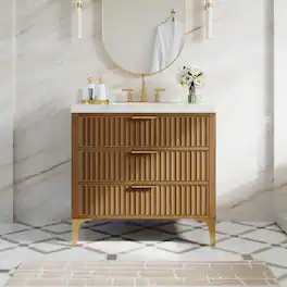 WELLFOR - 36 in Solid Bathroom Vanity with Sink, Wood Bathroom Cabinet with Calacatta Quartz Countertop &3 Dovetail Drawers - Oak