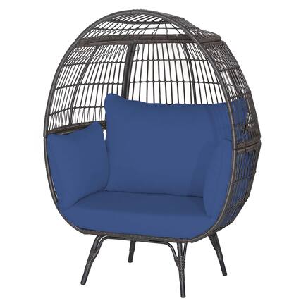 Front. Costway - Costway Patio Oversized Rattan Wicker Egg Chair Lounge Basket 4 Cushion Indoor & Outdoor - Navy.