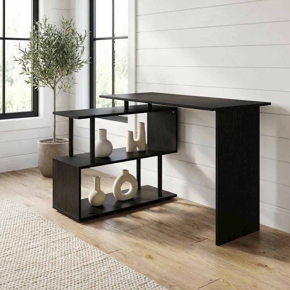 Left. BisonOffice - L-Shape Computer Desk with 3-Tier Shelves - Americano/Black Modern Design - Americano/Black.