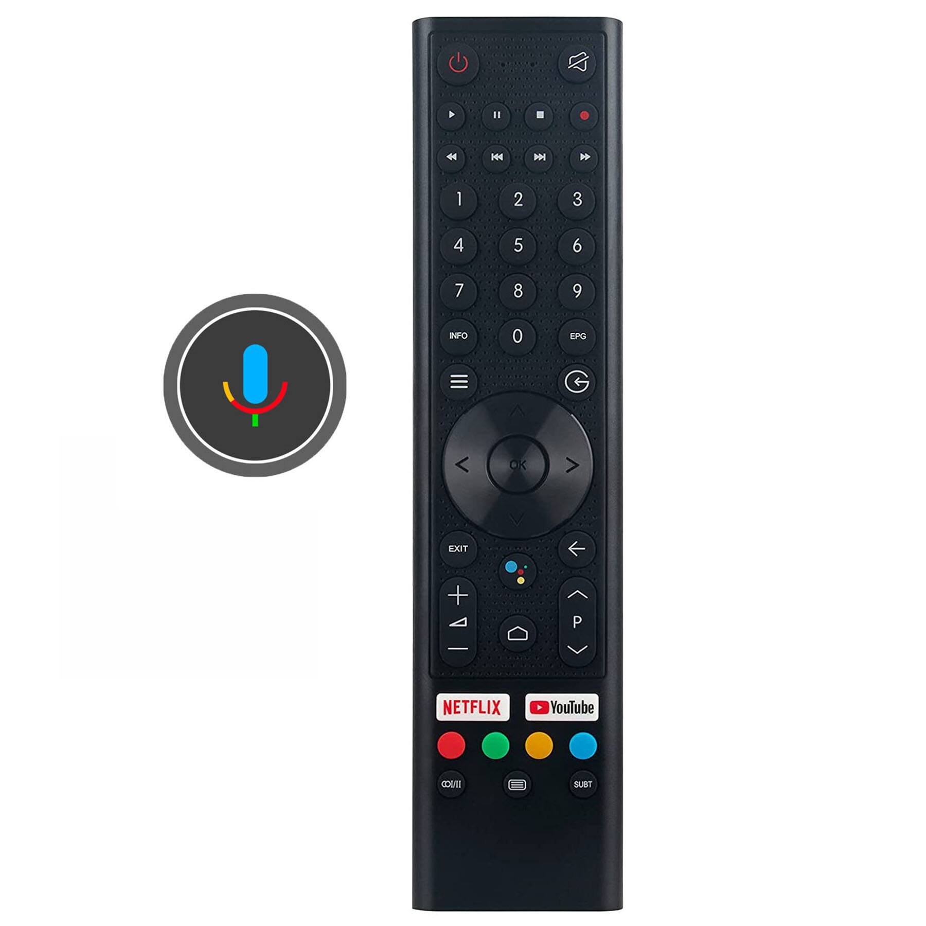 Sure, here is the corrected and grouped text from the image:

- **Top Row:**
  - Power
  - Info
  - Netflix
  - YouTube
  - CI
  - SUBT

- **Number Pad:**
  - 1 2 3
  - 4 5 6
  - 7 8 9
  - 0

- **Middle Row:**
  - EPG
  - OK
  - EXIT
  - P
  - NETFLIX
  - YouTube

- **Bottom Row:**
  - SUBT
  - (Color buttons: Red, Green, Yellow, Blue)

- **Additional Buttons:**
  - + (Volume Up)
  - - (Volume Down)
  - (Arrow keys)
  - (Menu)
  - (Back)
  - (Play/Pause)
  - (Forward)
  - (Rewind)
  - (Mute)
  - (TV/Source)
  - (Exit)

- **Microphone:**
  - (Icon with a microphone)

- **Branding:**
  - (Logo at the bottom)