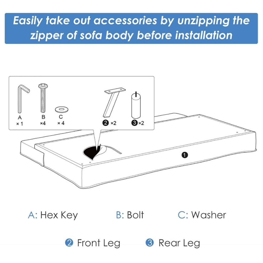 Easily take out accessories by unzipping the zipper of sofa body before installation

1. A: Hex Key x 1
2. B: Bolt x 4
3. C: Washer x 4
4. Front Leg x 2
5. Rear Leg x 2