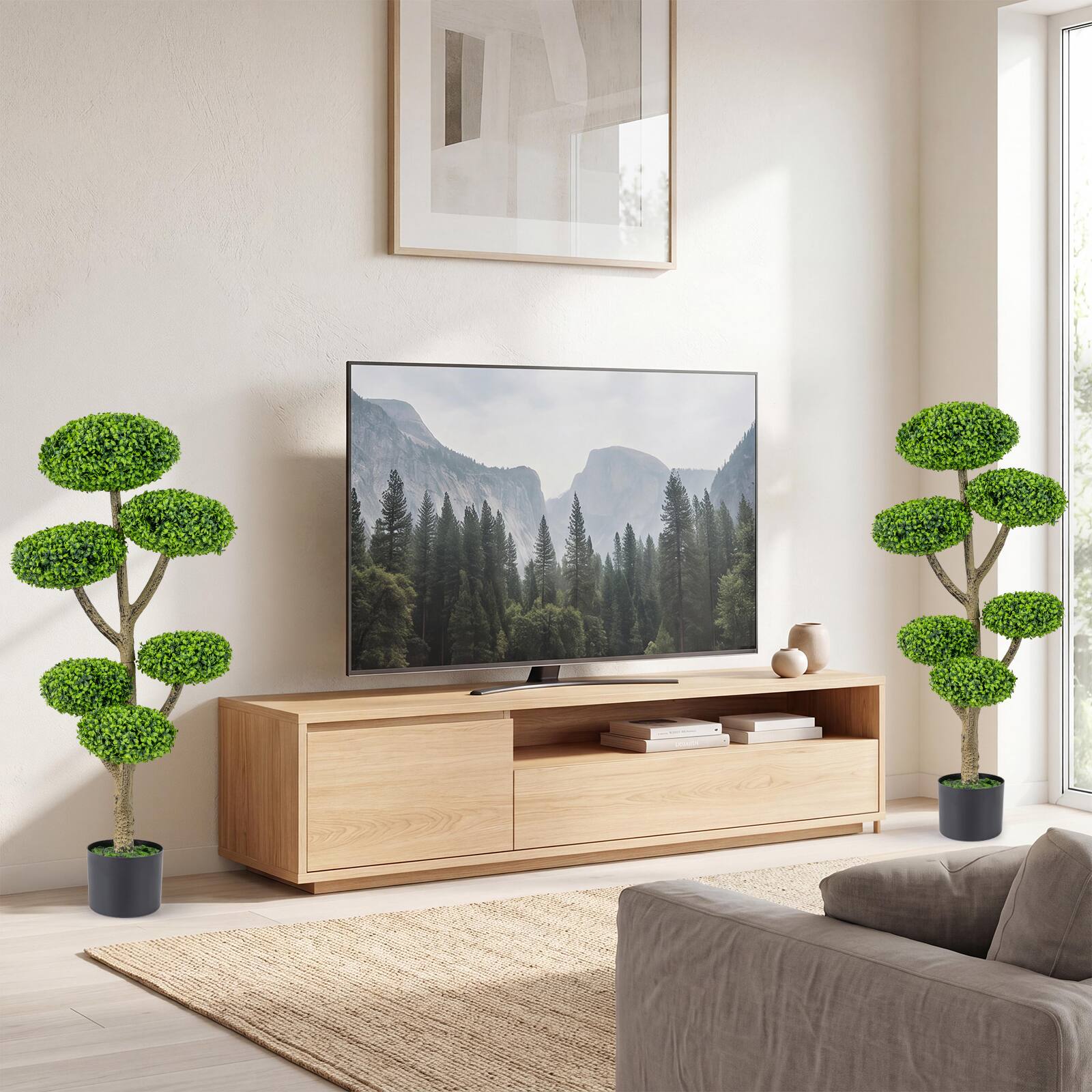 Alt View 2. Costway - Costway 2 PCS Artificial Sesame Leaf Topiary, 6 Balls Topiary Tree with Realistic Trunk Base - Green + Natural + Black.