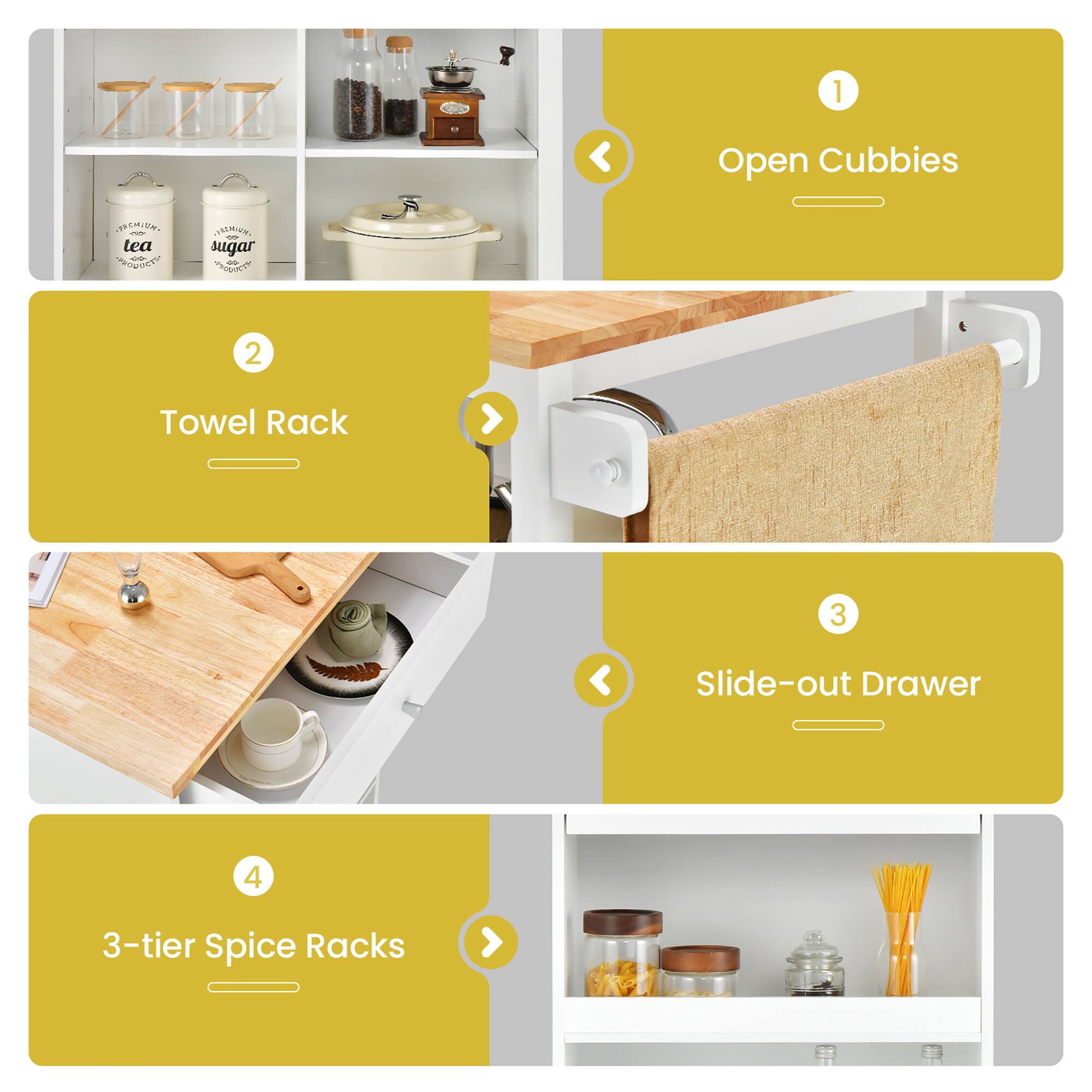 1. Open Cubbies  
2. Towel Rack  
3. Slide-out Drawer  
4. 3-tier Spice Racks