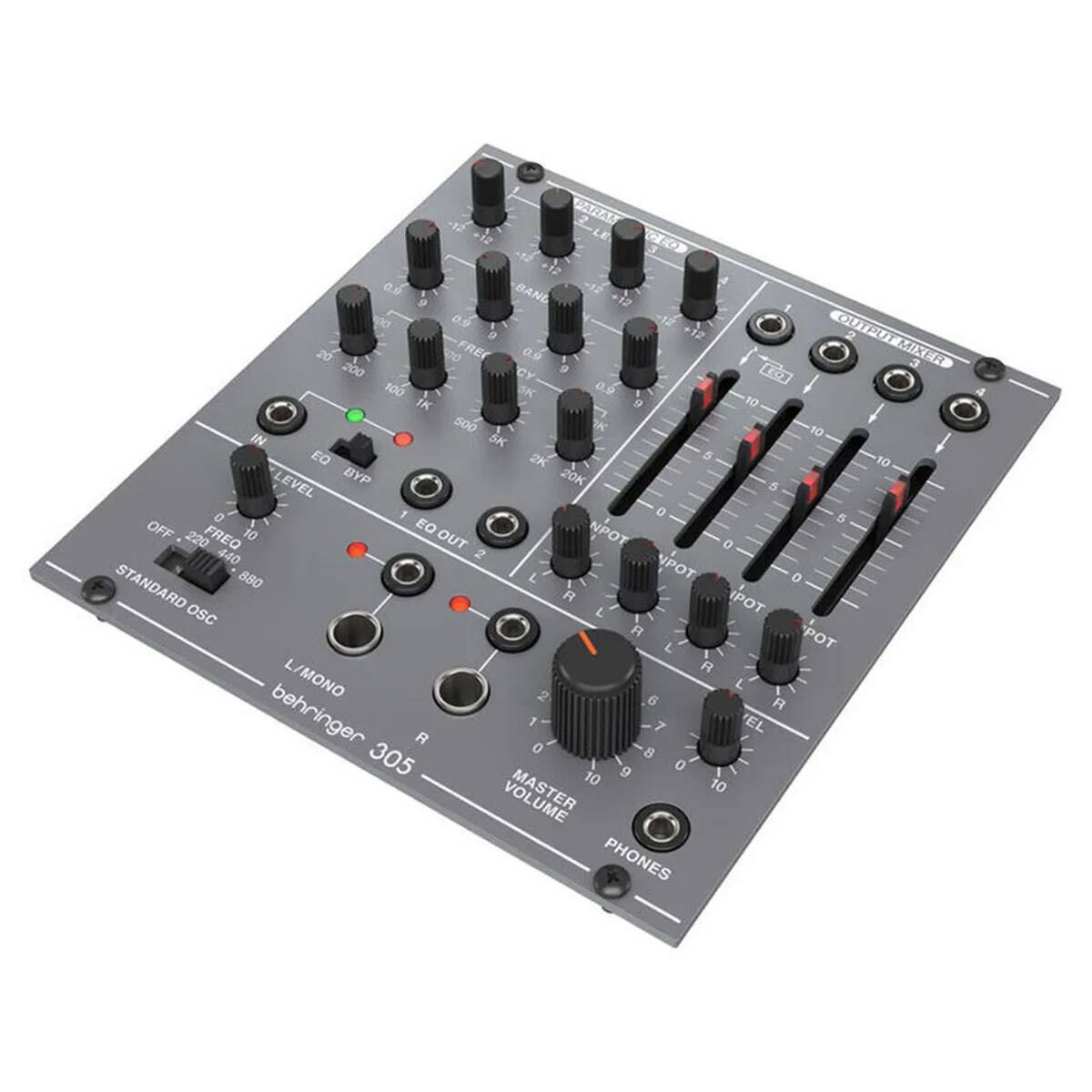JAAM Sie LE D -12 3 +12 0s BAND 9 +12 00 0.9 -12 OUTPUT 9 +12 20 0o FRE 0.9 MIXE 3 200 CY 9 100 SK 0.9 1K g 10 500 10 IN SK EQ 2K S 10 LEVEL BYP 20K 5 0 1 0 5 OFF 10 EQ NPOT 220 FREQ OUT o 440 2 880 PO o STANDARD R POT oSC L R PO L L A MONO 2 L 6 R behringer R 1 o 8 7 EL 305 10 9 0 10 VOLUME PHONES