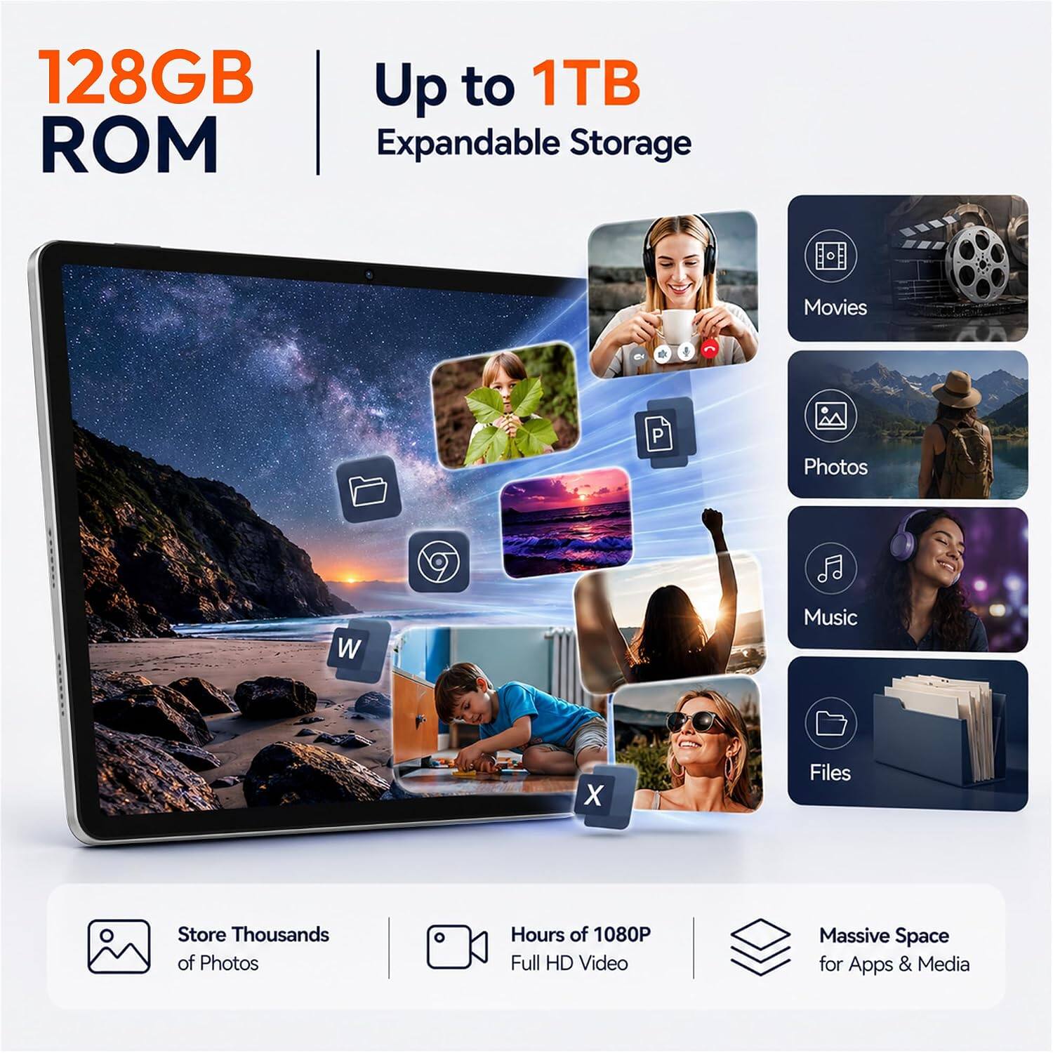 128GB ROM  
Up to 1TB Expandable Storage  
Movies  
Photos  
Music  
Files  
Store Thousands of Photos  
Hours of 1080P Full HD Video  
Massive Space for Apps & Media