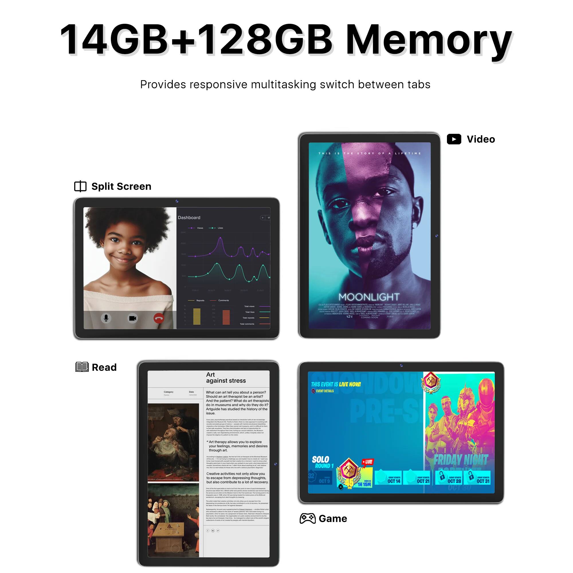 14GB+128GB Memory  
Provides responsive multitasking switch between tabs  

Split Screen  
Read  
Video  
Game