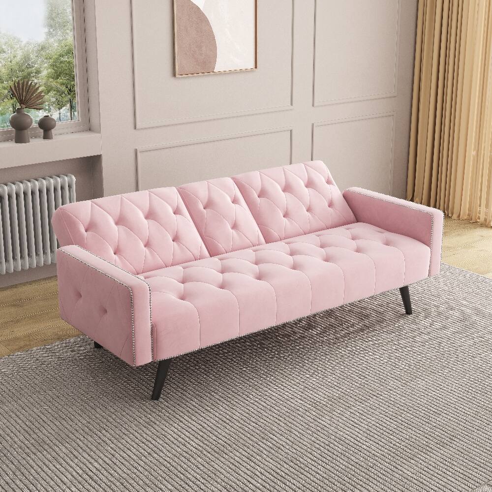 Alt View 1. Loheer - Loheer Pink Velvet Sofa Bed 72 Inch Convertible Sleeper Sofa with Cup Holders Tufted Futon for Small Spaces - Pink.